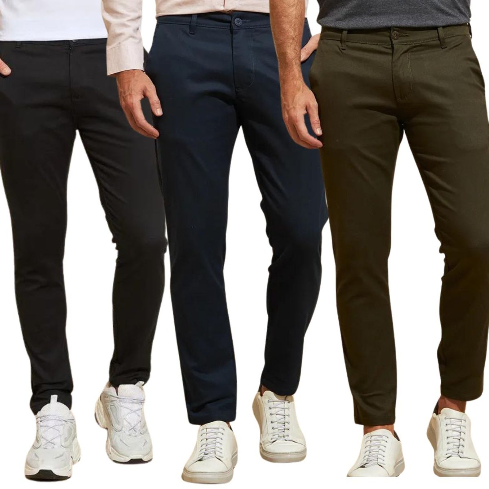 Kit 3 Calças FMF de Sarja Chino Com Bolso Traseiro Embutido Alfaiataria Skinny