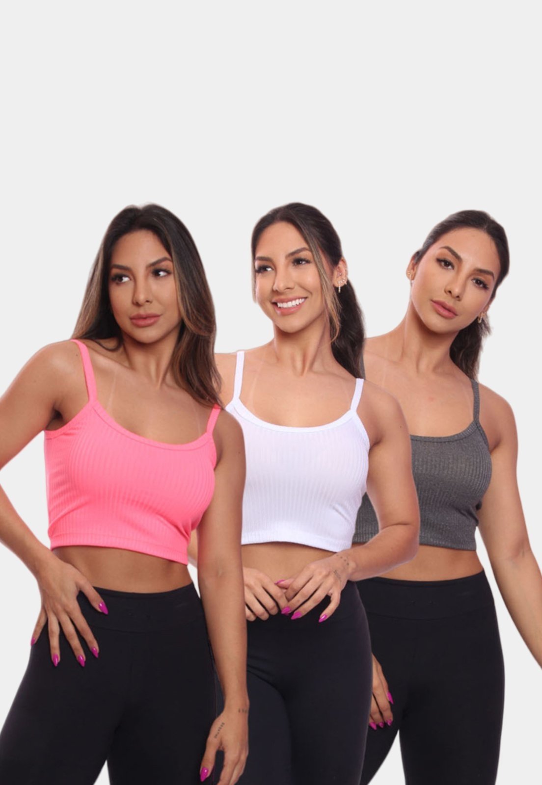 Kit 3 Top Cropped Alcinha Canelado Feminino Lisa Blusa Blusinha Básica Colorido