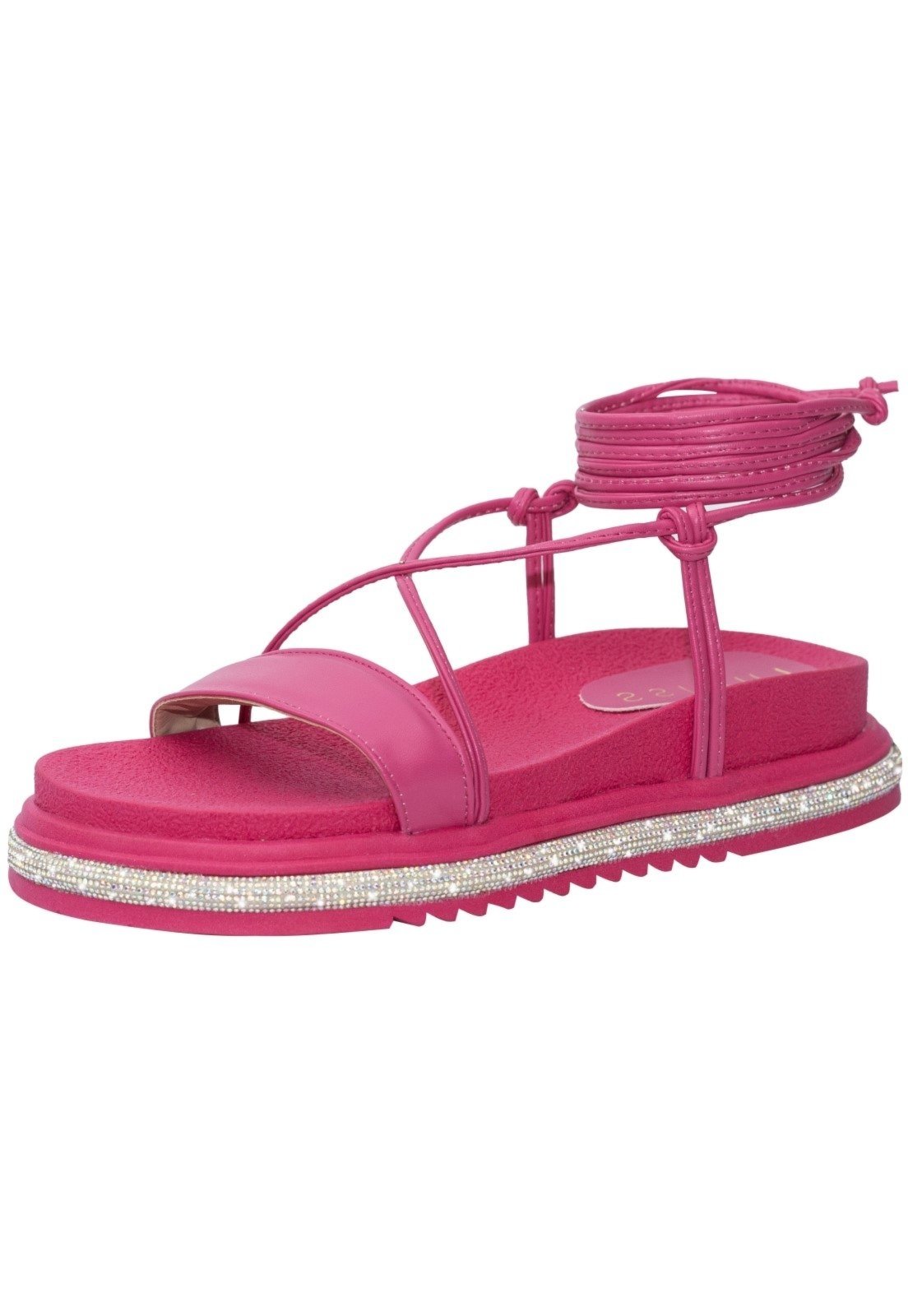Sandália Papete Feminina Strass Amarração Lumiss Confortável Brilho Cristal Flat Plataforma de Amarrar Pink