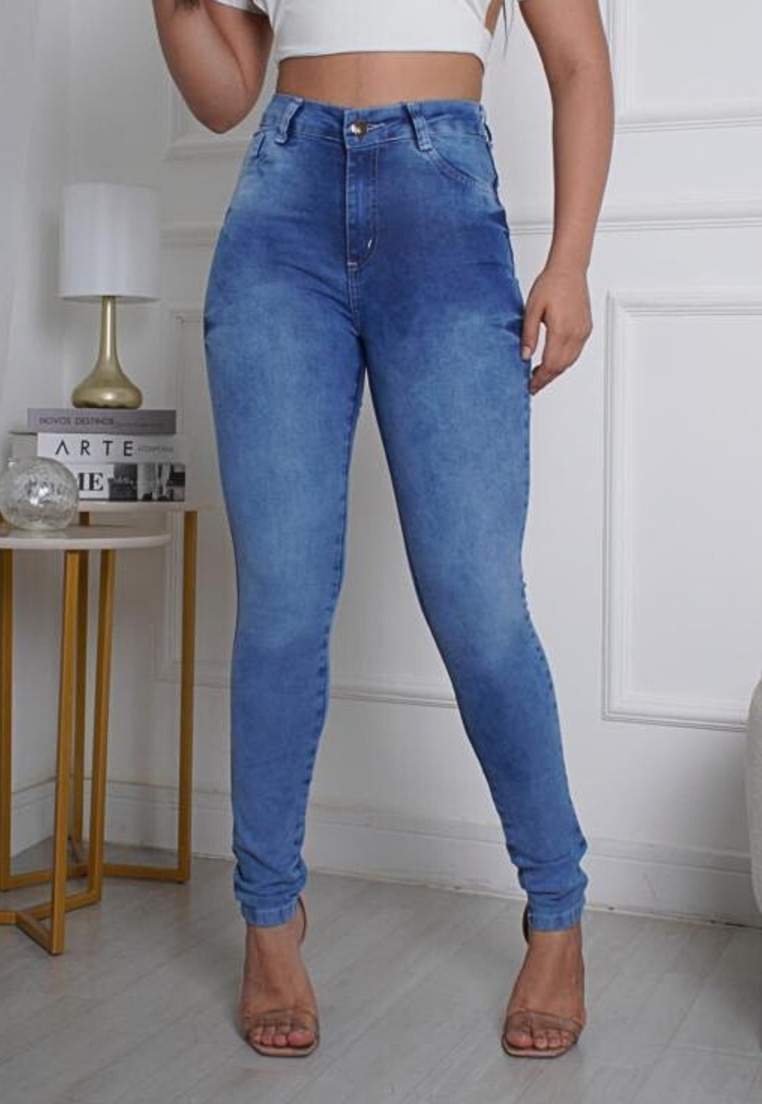 Calça Jeans Skinny Feminina Cintura Alta com Elastano Marmorizada Tendência