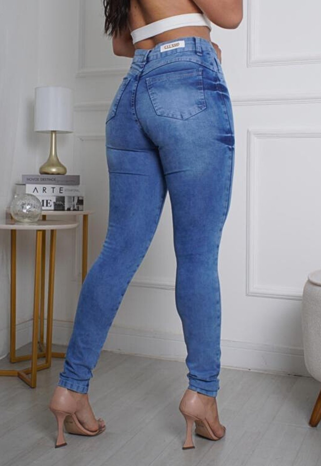 Vista 3 Calça Jeans Skinny Feminina Cintura Alta com Elastano Marmorizada Tendência azul azul