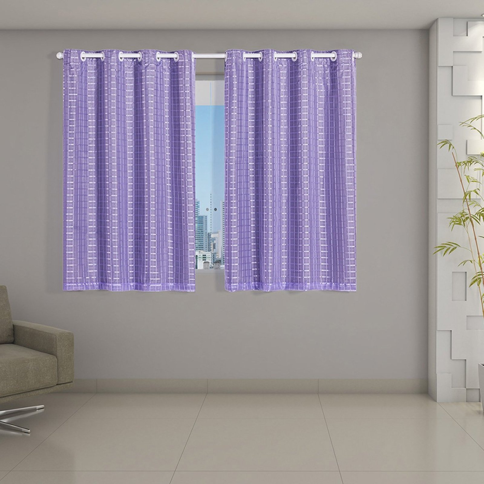 Cortina Daily Varão 2M Blackout Cinza PVC Com Voil Xadrez 2,80mx1,60m Sala Quarto Lilás
