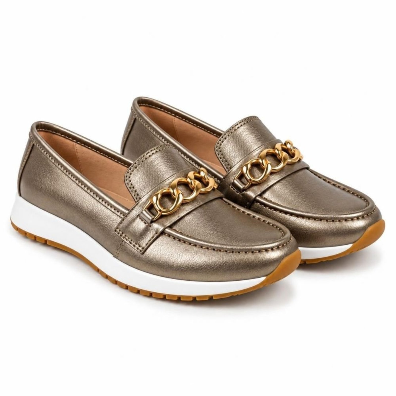 Mocassim Feminino Couro Legitimo Casual Calce Facil 201 Prata