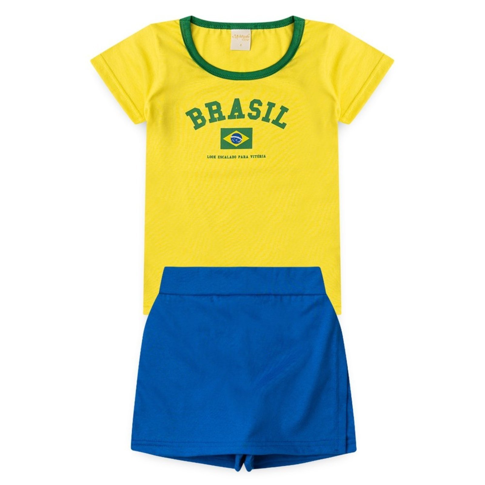 Infantil - Conjunto Brasil Menina Blusa Amarela e Shorts Saia Azul Copa do Mundo