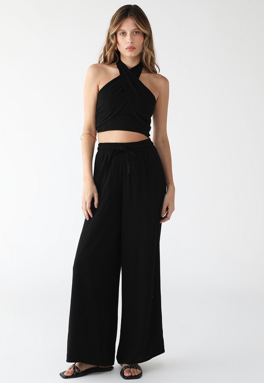Conjunto Feminino77VS Levosch De Linho Calça Pantalona e Cropped Transpassado Preto