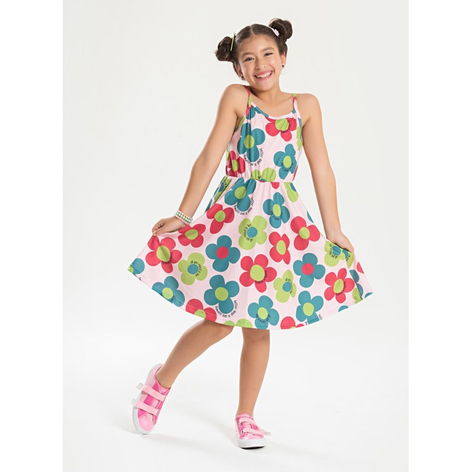 Infantil – Vestido Alcinha Verão Menina Rosa Flores Coloridas