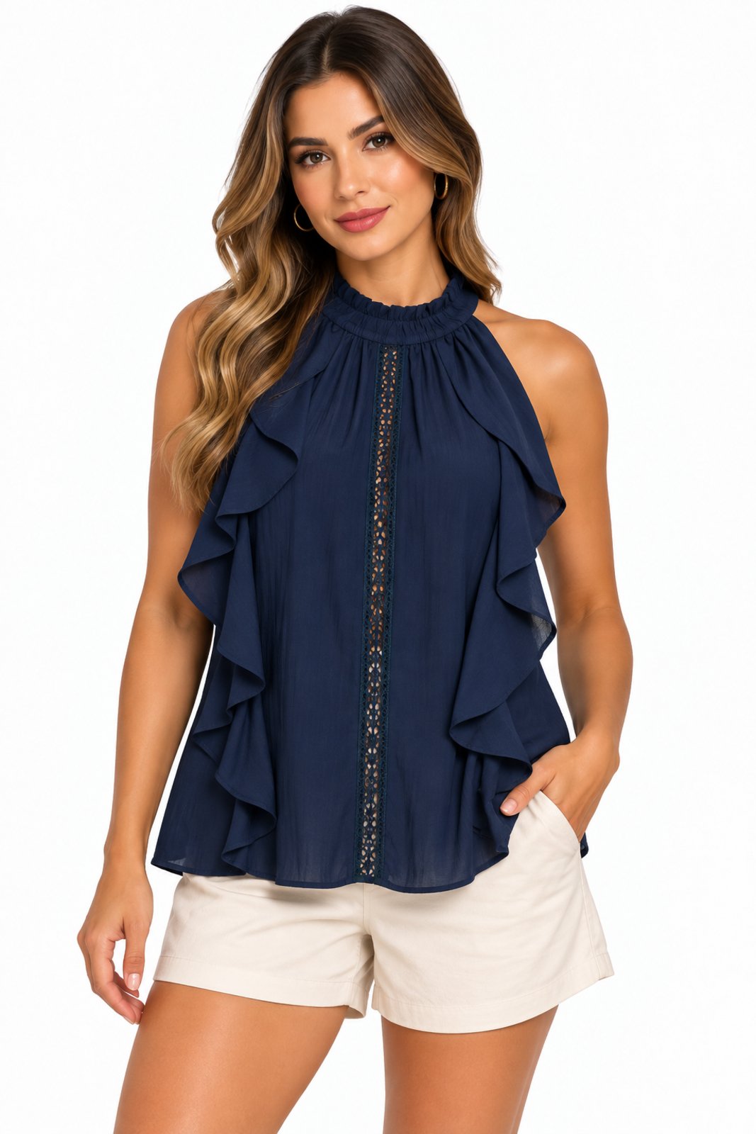 Blusa Bata Feminina D Bell Outlet Fashion Viscose com Babados Azul Marinho