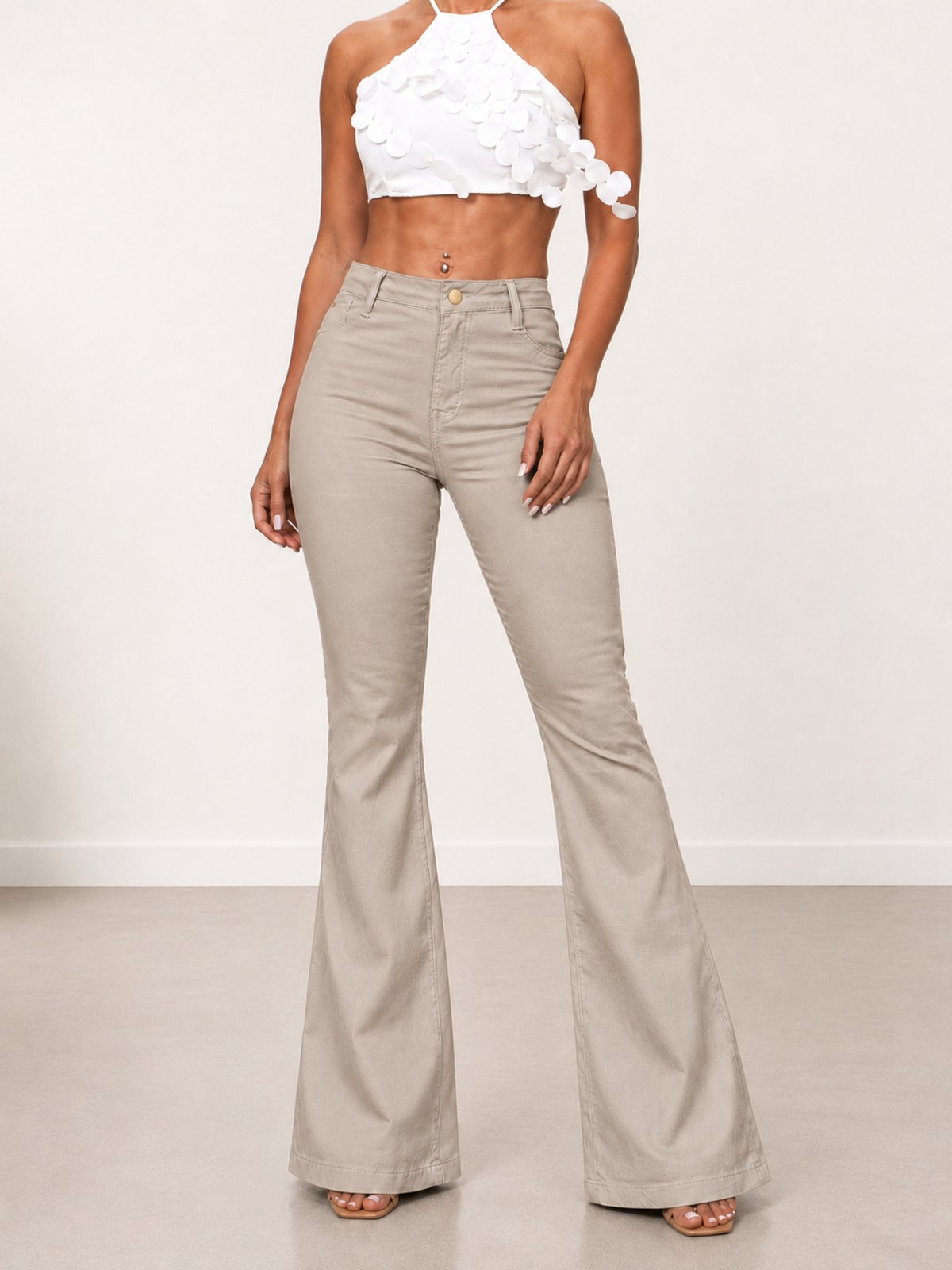 Calça Donna De Paula Flare Cinza Claro Feminina Jeans Com Elastano Cintura Alta Casual