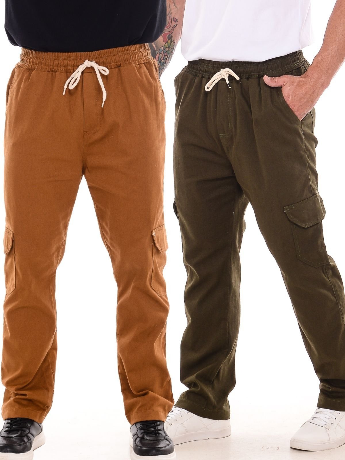 Kit 2 Calças Jogger Ethereal Jeans com Bolso Cargo Sem Punho Caramelo e Verde