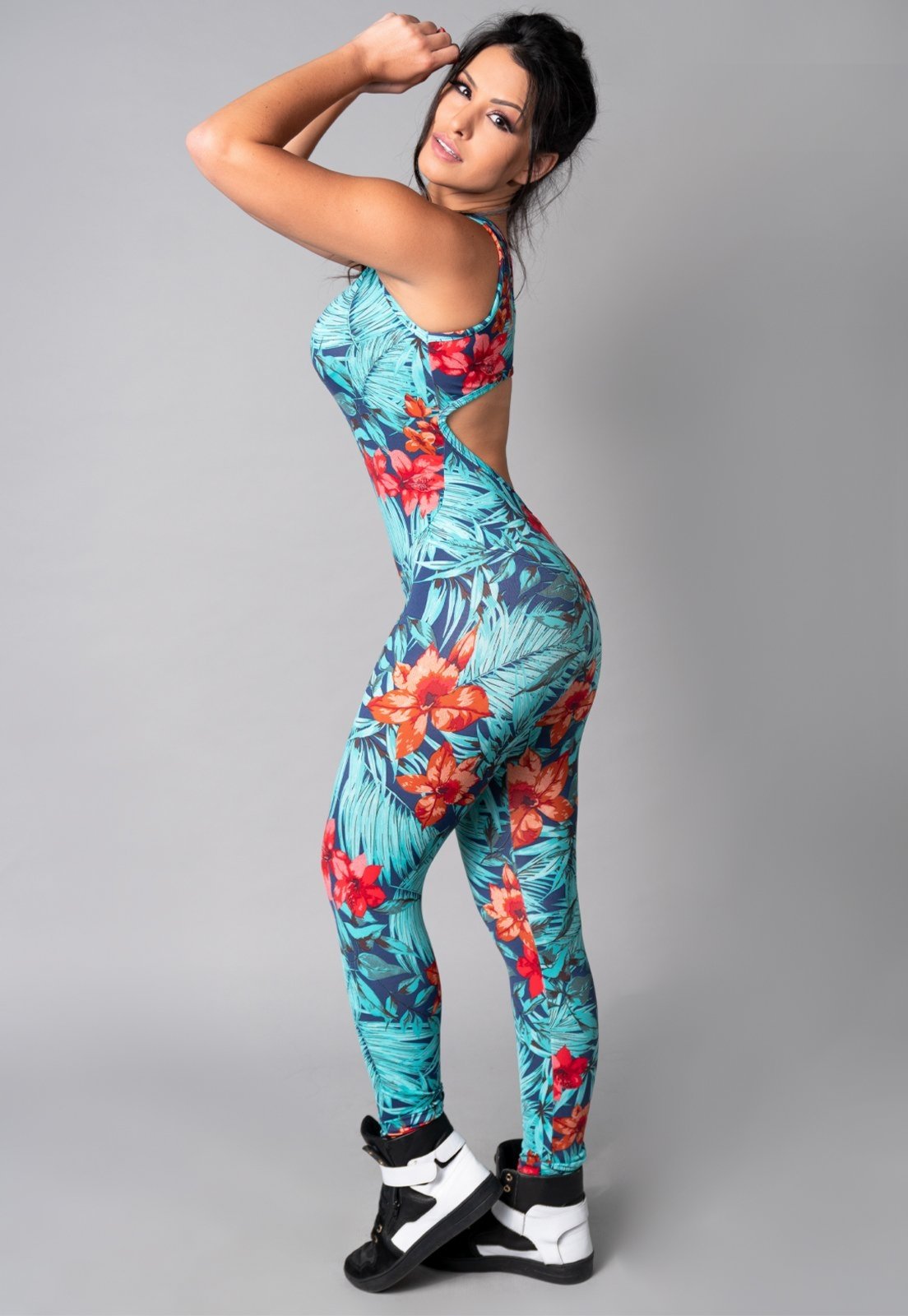 Macacão Longo MVB Modas Costa Nua Fitness Suplex Estampado Amazonia