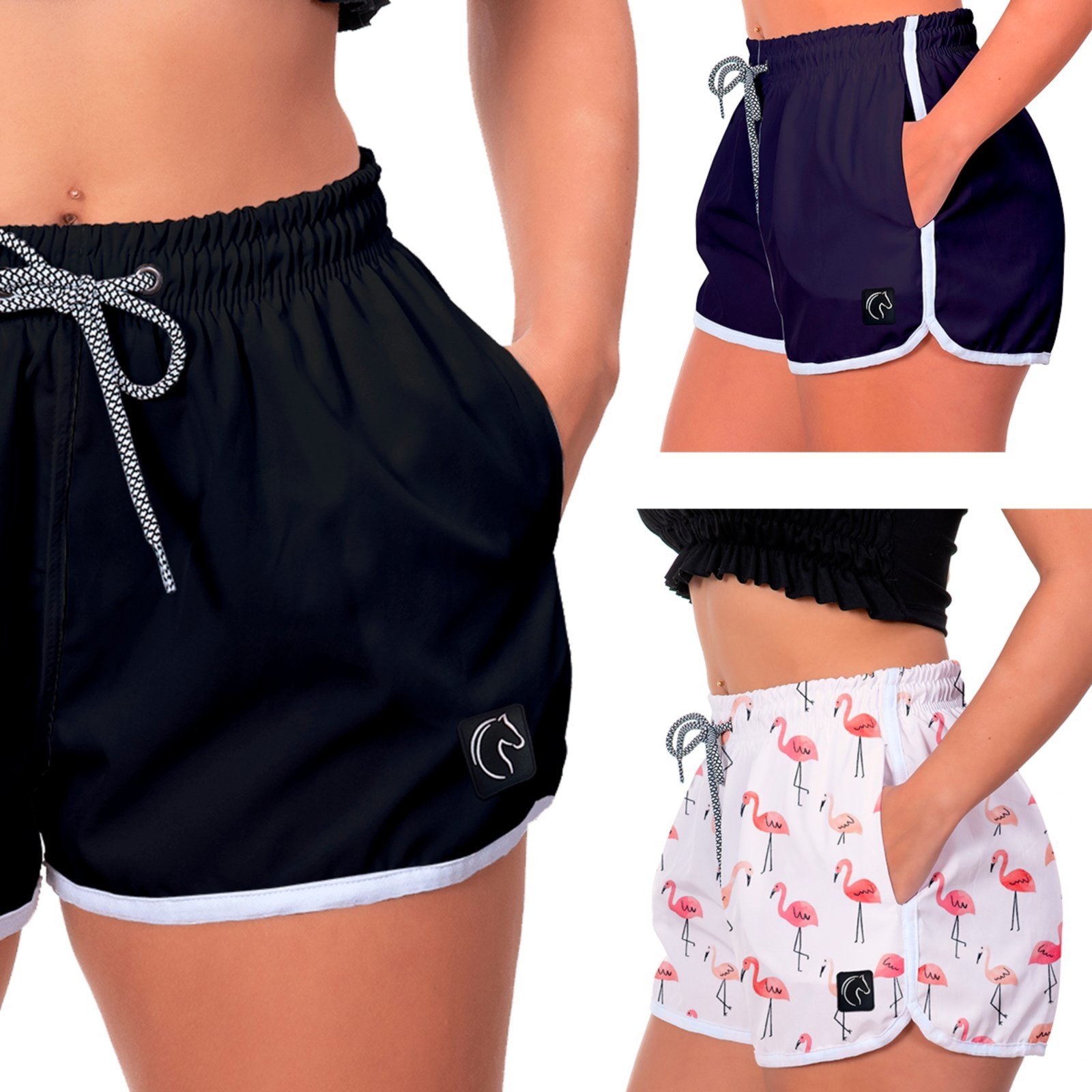 Kit 3 Shorts Feminino Premium Secagem Rápida com Elástico Cordão Ajustável e Bolsos Moda Praia Casual ou Treino Academia Preto, Azul Marinho e Flamingos