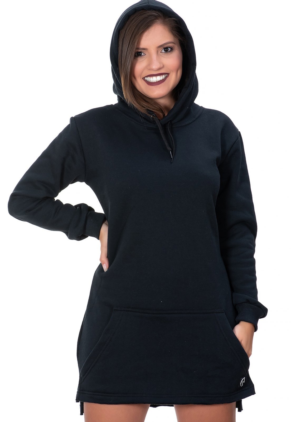 Vestido de Moletom Curto Moletinho Liso Manga Longa Com Capuz e Bolso Canguru Confortável Preto