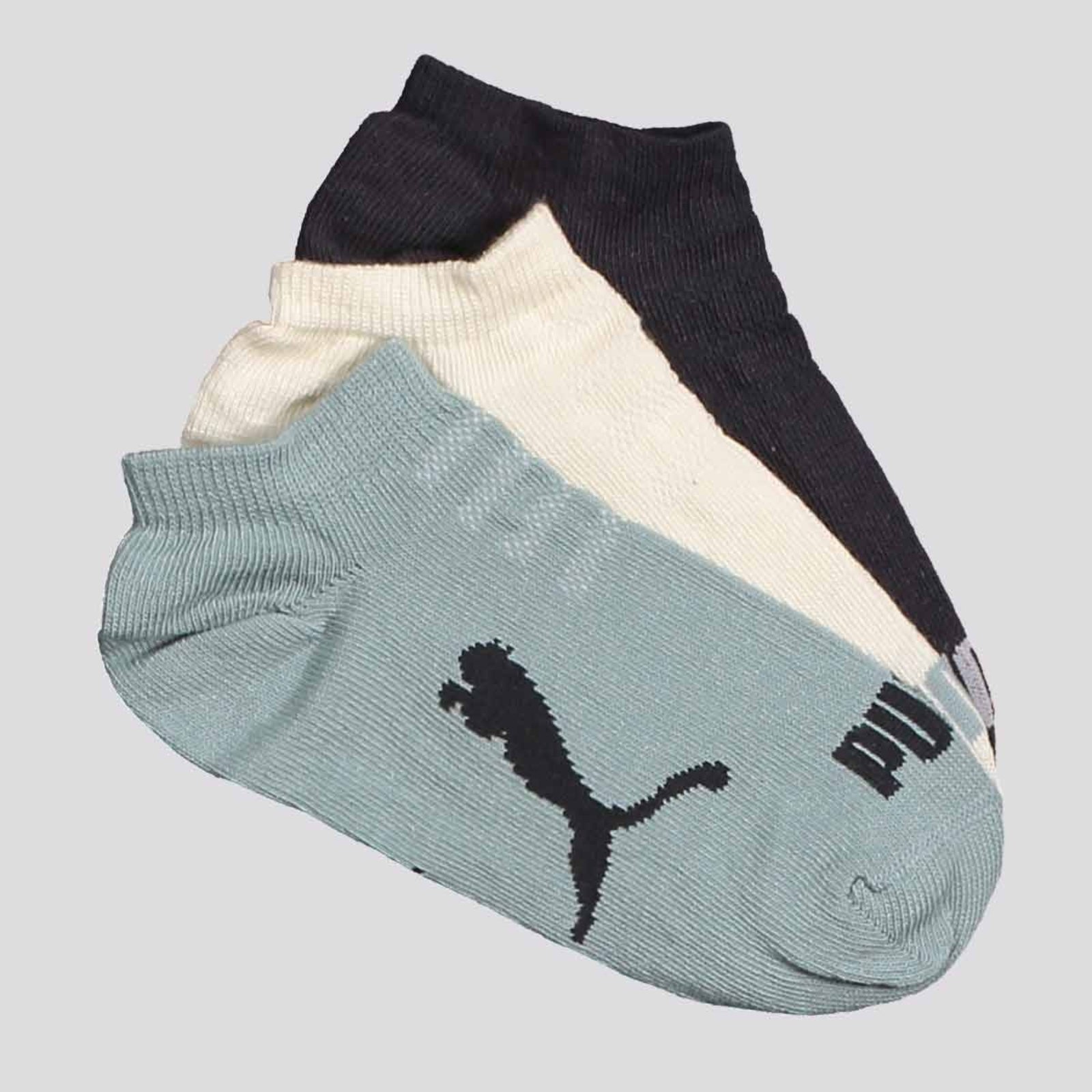 Vista 2 Kit Meia Puma Sapatilha 3 Pares Cinza Off e Verde white Puma white