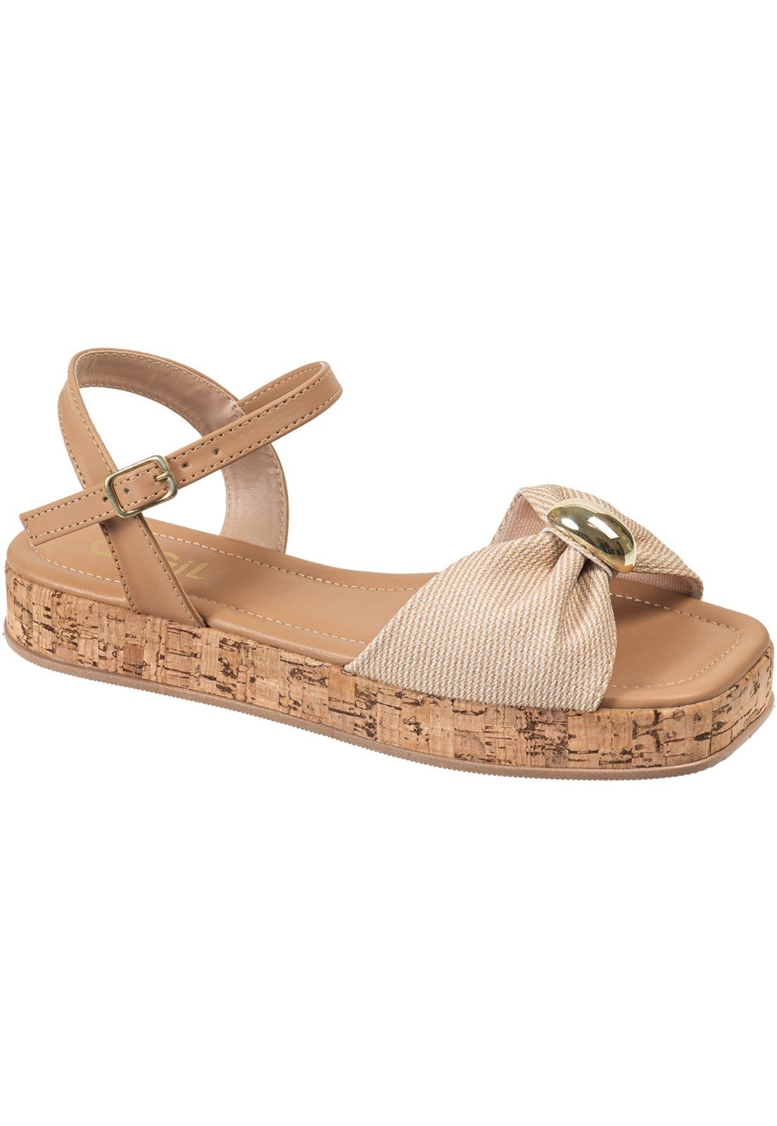 Sandália Feminina GiGiL Flatform Baixo Laço Franzido Enfeite Metalizado Cortiça Palha