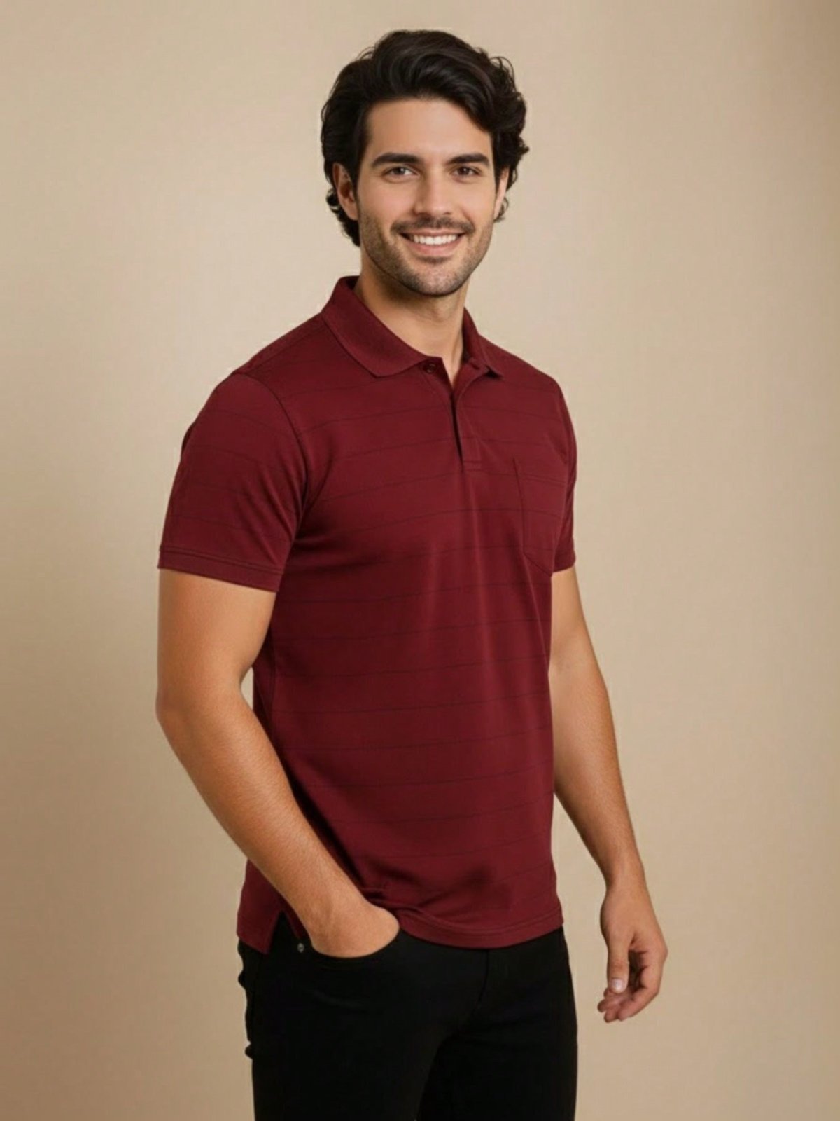 Camisa Masculina Polo Listrada com Bolso Vinho