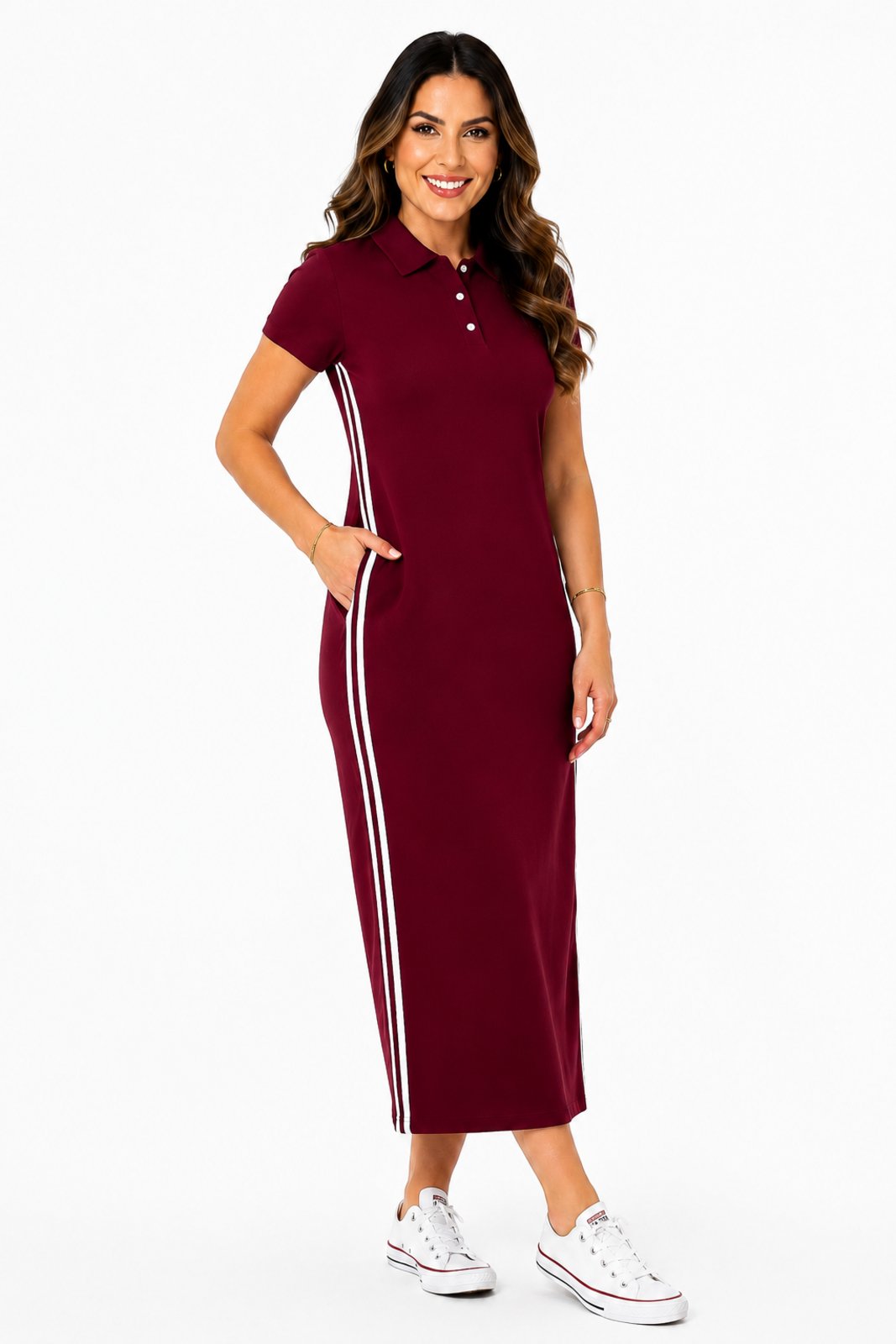 Vestido Midi D Bell Outlet Fashion Moletinho Polo Vinho