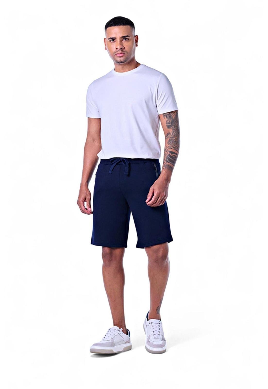Bermuda Masculina Moletom com bolso zíper frontal Azul Navy Incolor