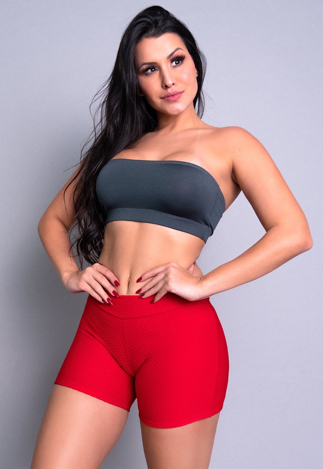 Short MVB Modas Curto Textura Tecido Bolha Fitness Vermelho
