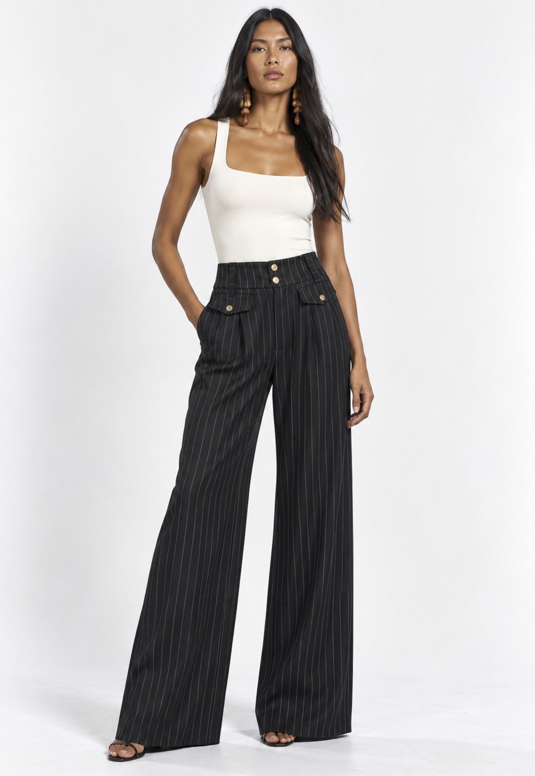 Calça Amazonia Vital Pantalona Juruá Alfaiataria Risca de Giz Preto Ônix
