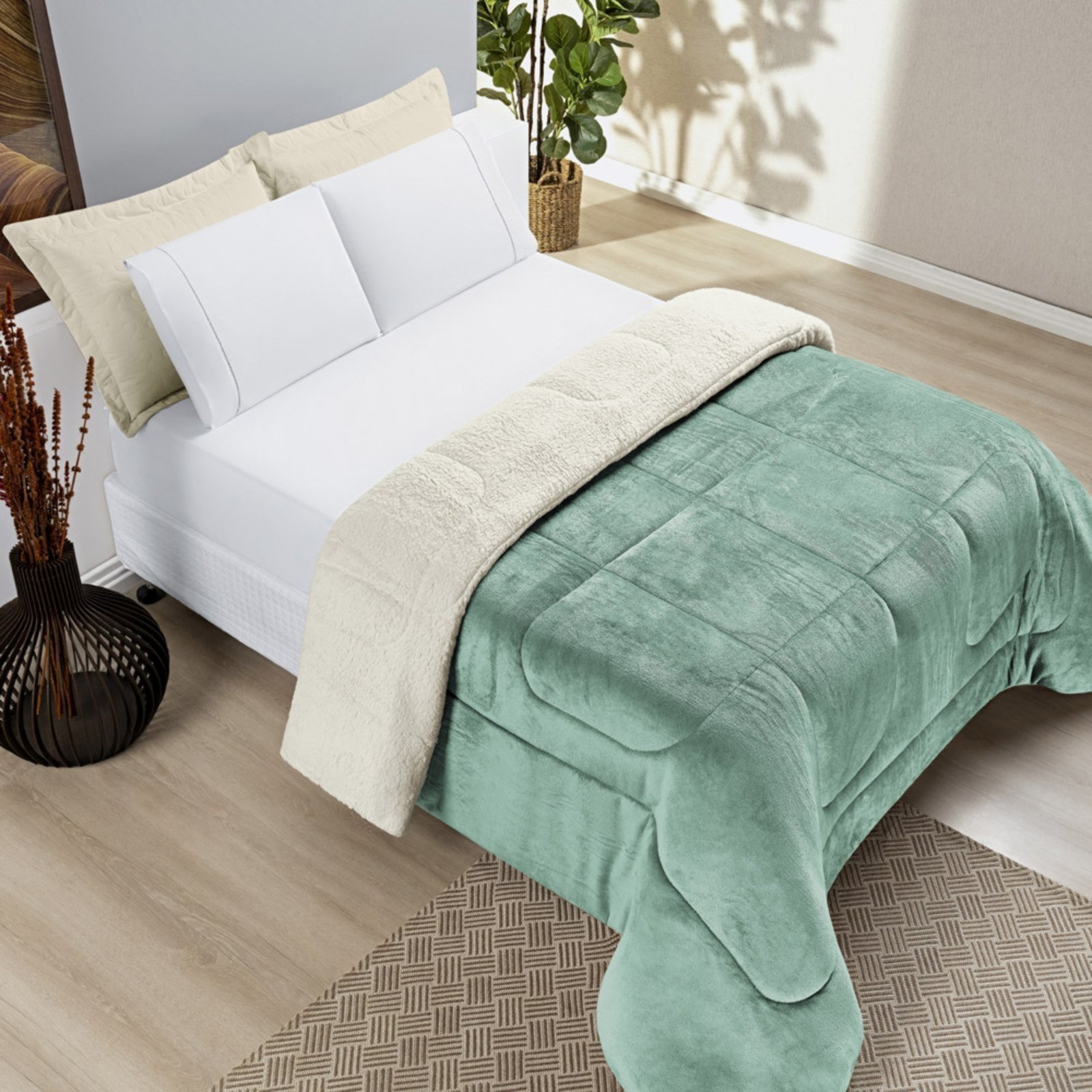 Coberdrom Casa Scarpa Apollo King Sherpa Pele de Carneiro + Manta Flannel - Verde Alecrim -100% Poliéster
