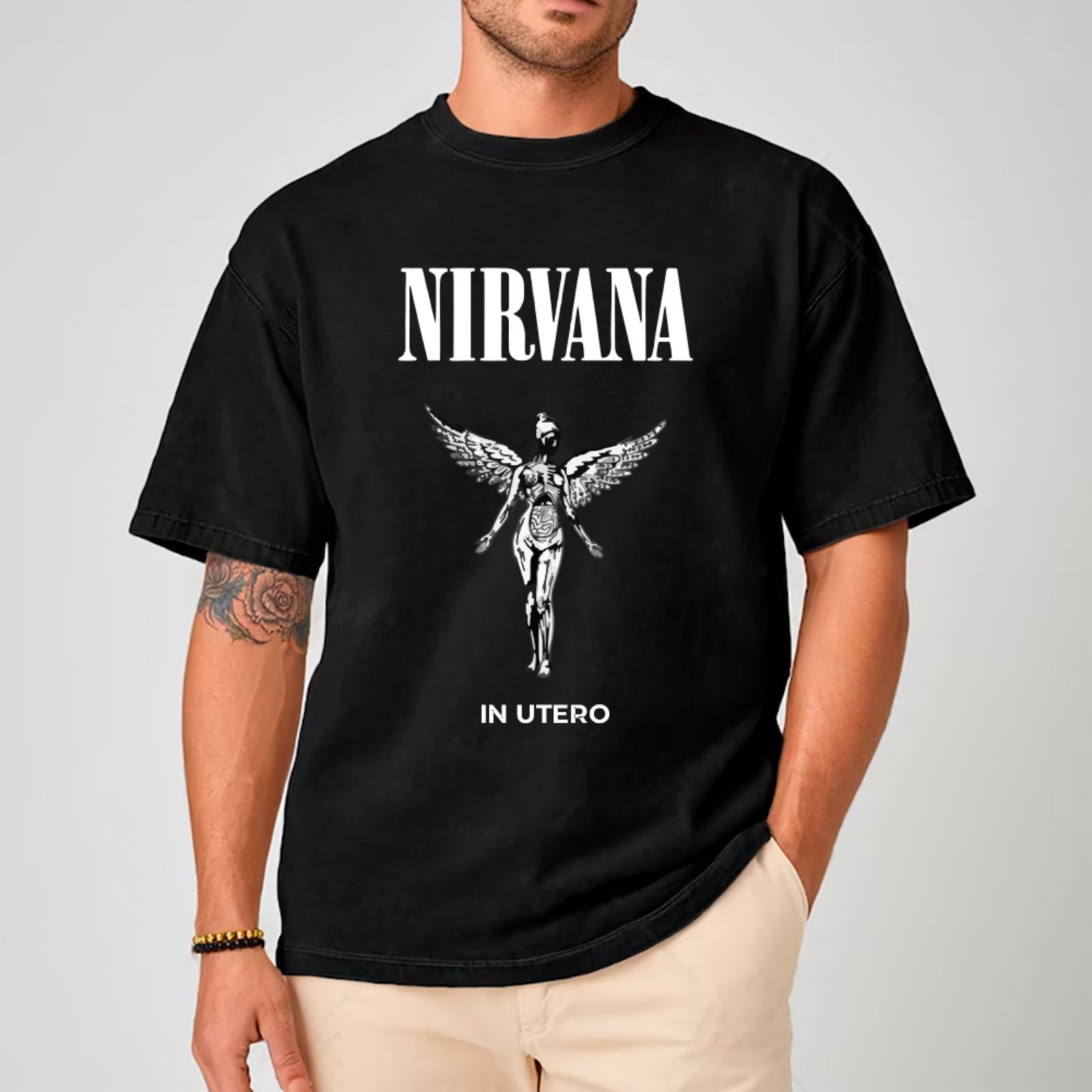 Camiseta Ousy Oversized In Utero Angel Nirvana Rock Unissex Preto