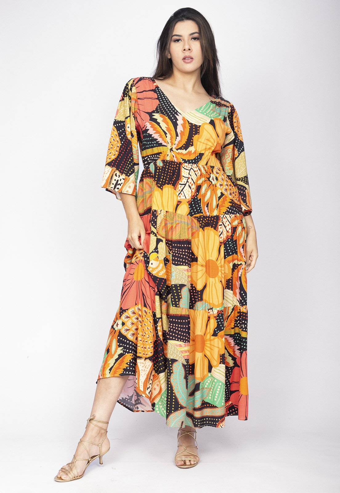 Vista 2 Vestido Longo Amazonia Vital Plano com Manga e Camadas Estampa Jardim do Verão Amazonia Vital azul/coral/estampado/rosa/rosê/vermelho
