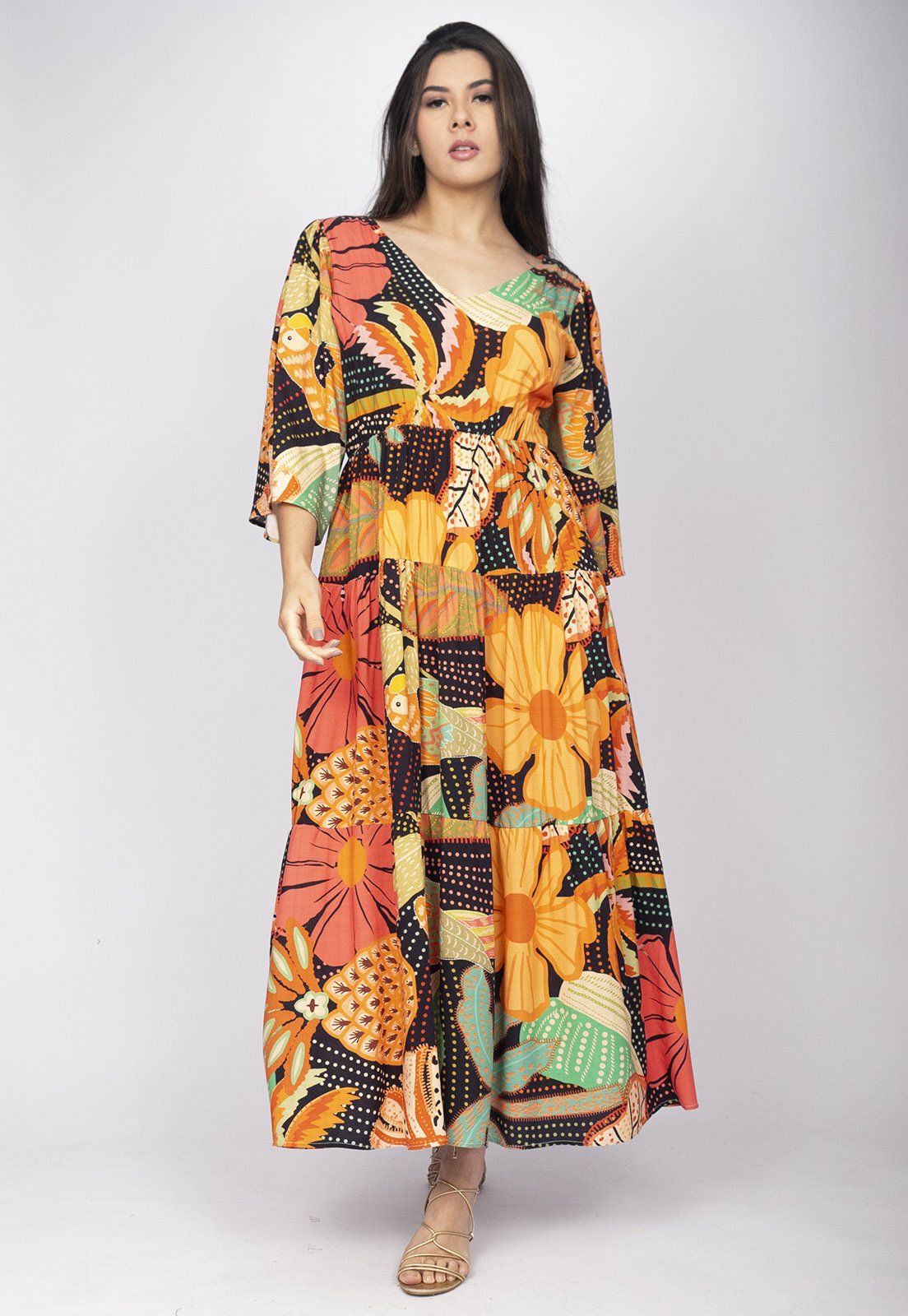 Vista 3 Vestido Longo Amazonia Vital Plano com Manga e Camadas Estampa Jardim do Verão Amazonia Vital azul/coral/estampado/rosa/rosê/vermelho