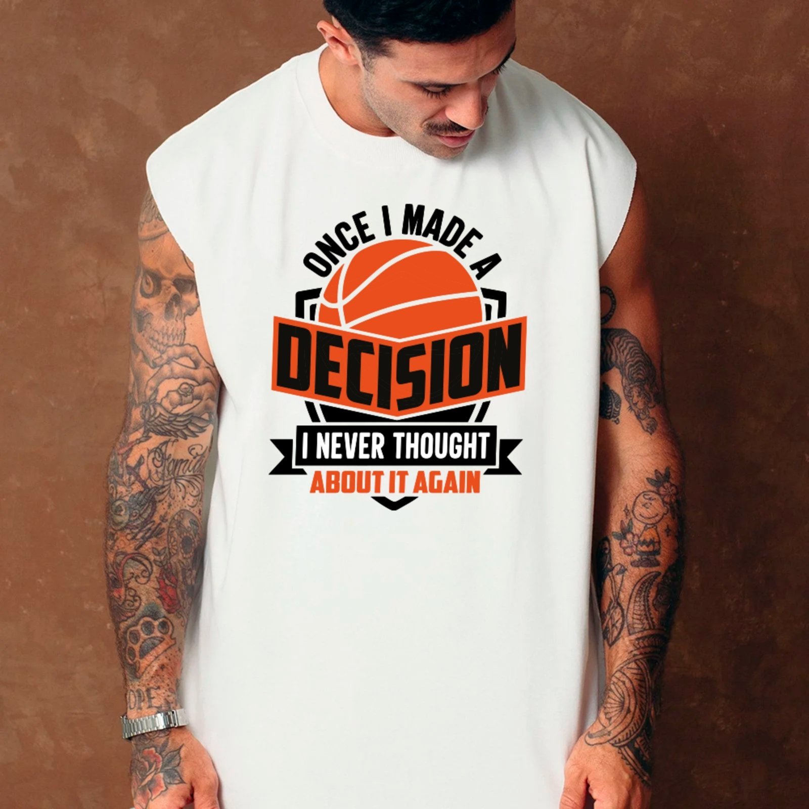 Camiseta Regata Machão Ousy Basquete e Atitude Decision Oversized Masculina Branco