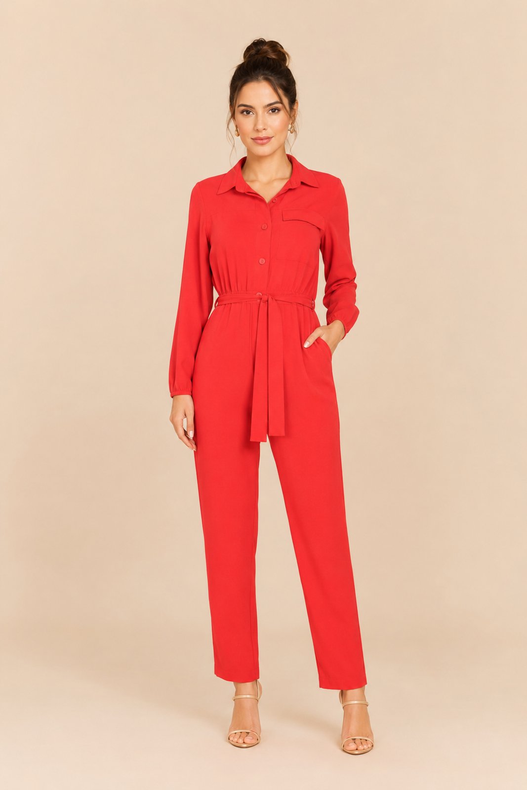Macacão Feminino Lapetry Manga Longa com Bolso Frontal Vermelho Casual Elegante