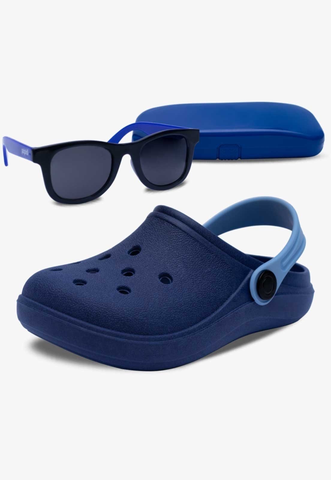 Infantil – Kit Óculos de Sol E Babuche Sandalia Pópidi Menino Azul Marinho