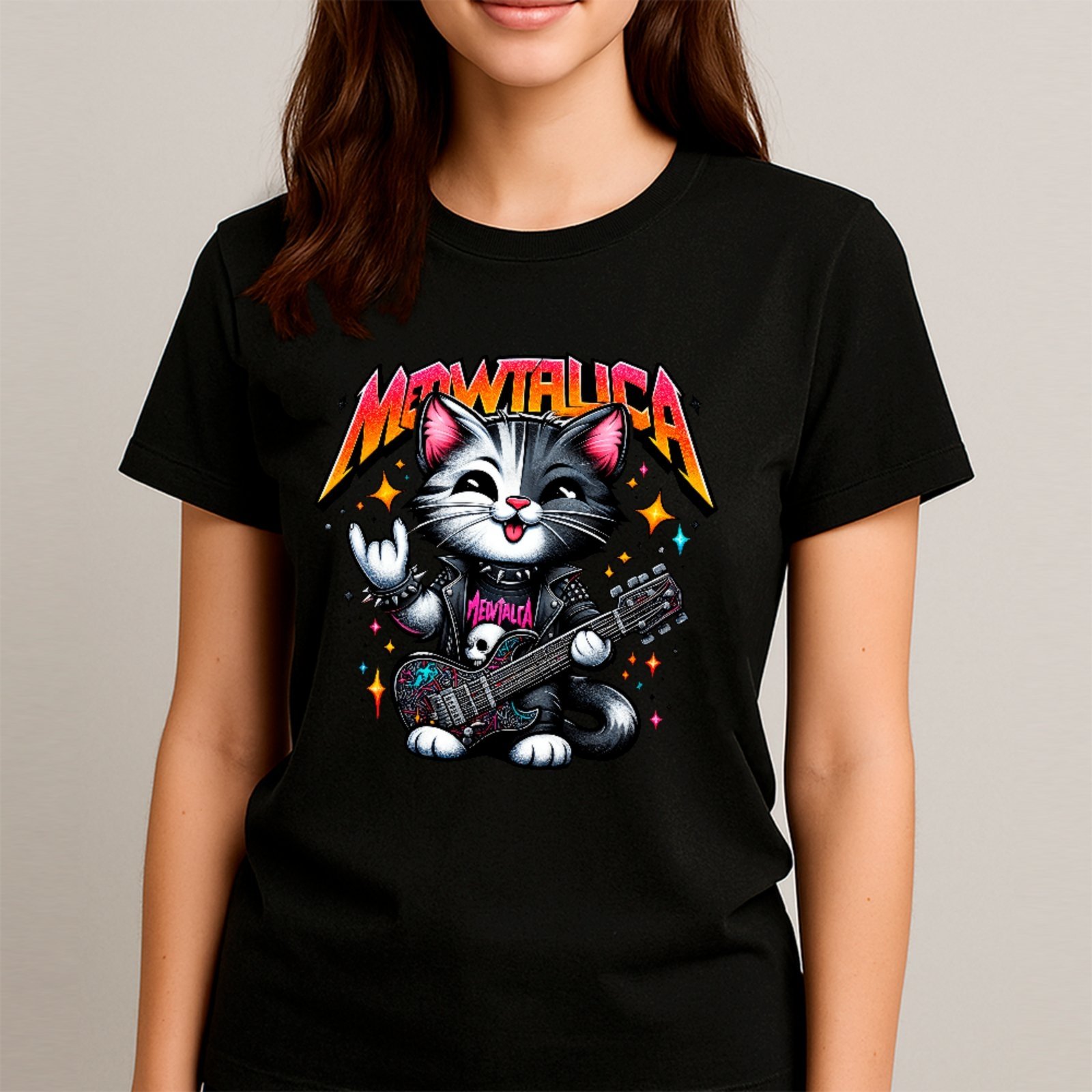 Camiseta Ousy Básica Cat Rockstar Meowtallica Meme Feminina Preto