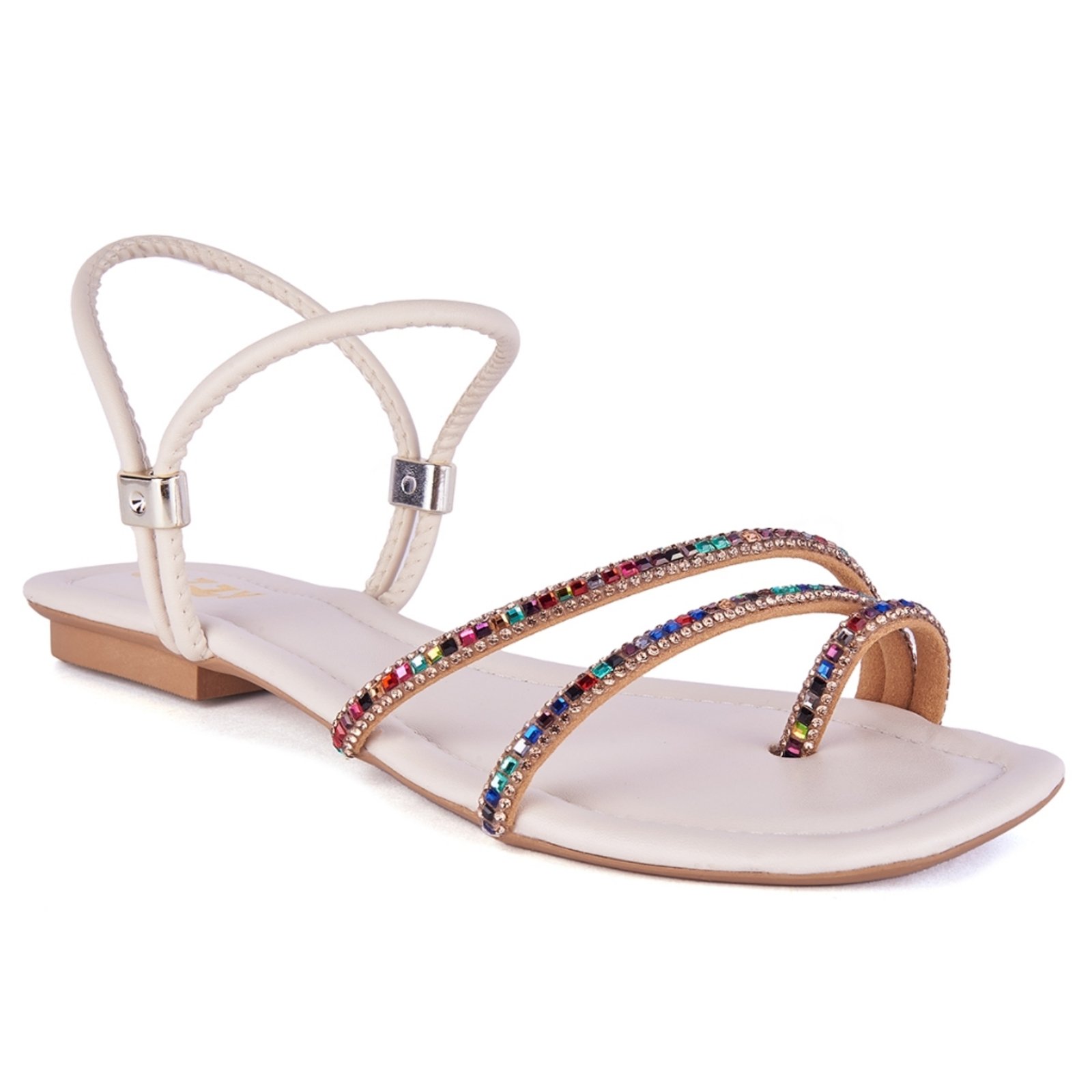 Rasteirinha Feminina Pedrarias Flat Tendencia Brilho Strass Moda Verão Confortável Ozzy Off-white