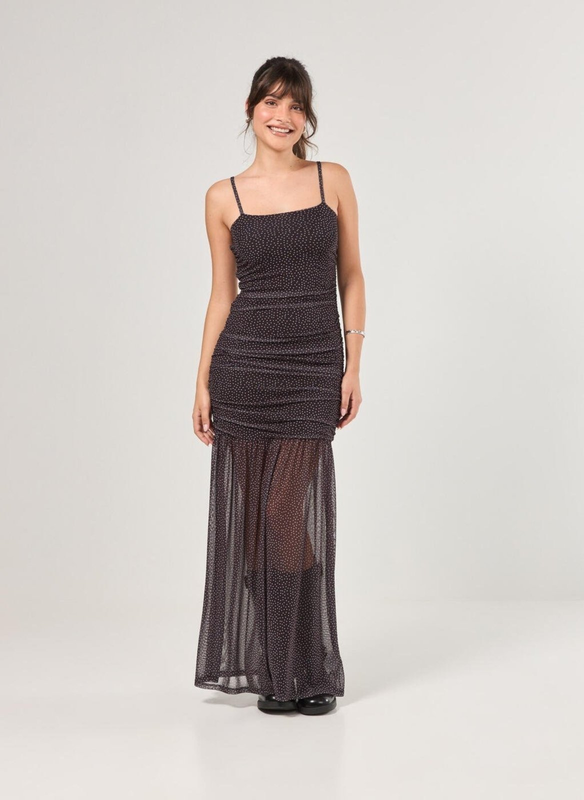 Vestido Longo Tule Preto Poá