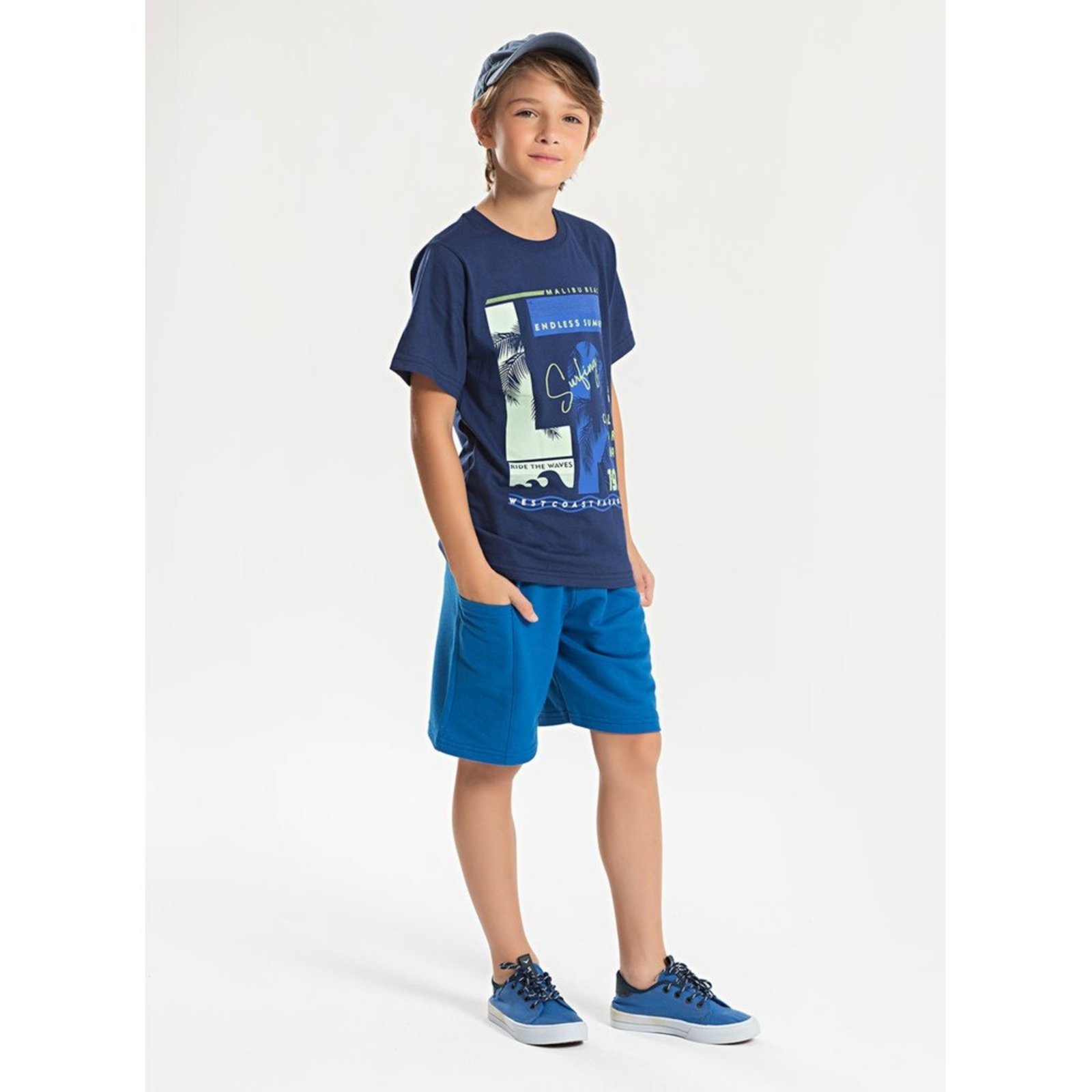Infantil – Conjunto Verão Menino Marinho Camiseta e Bermuda Com Bolso Califórnia Vibes