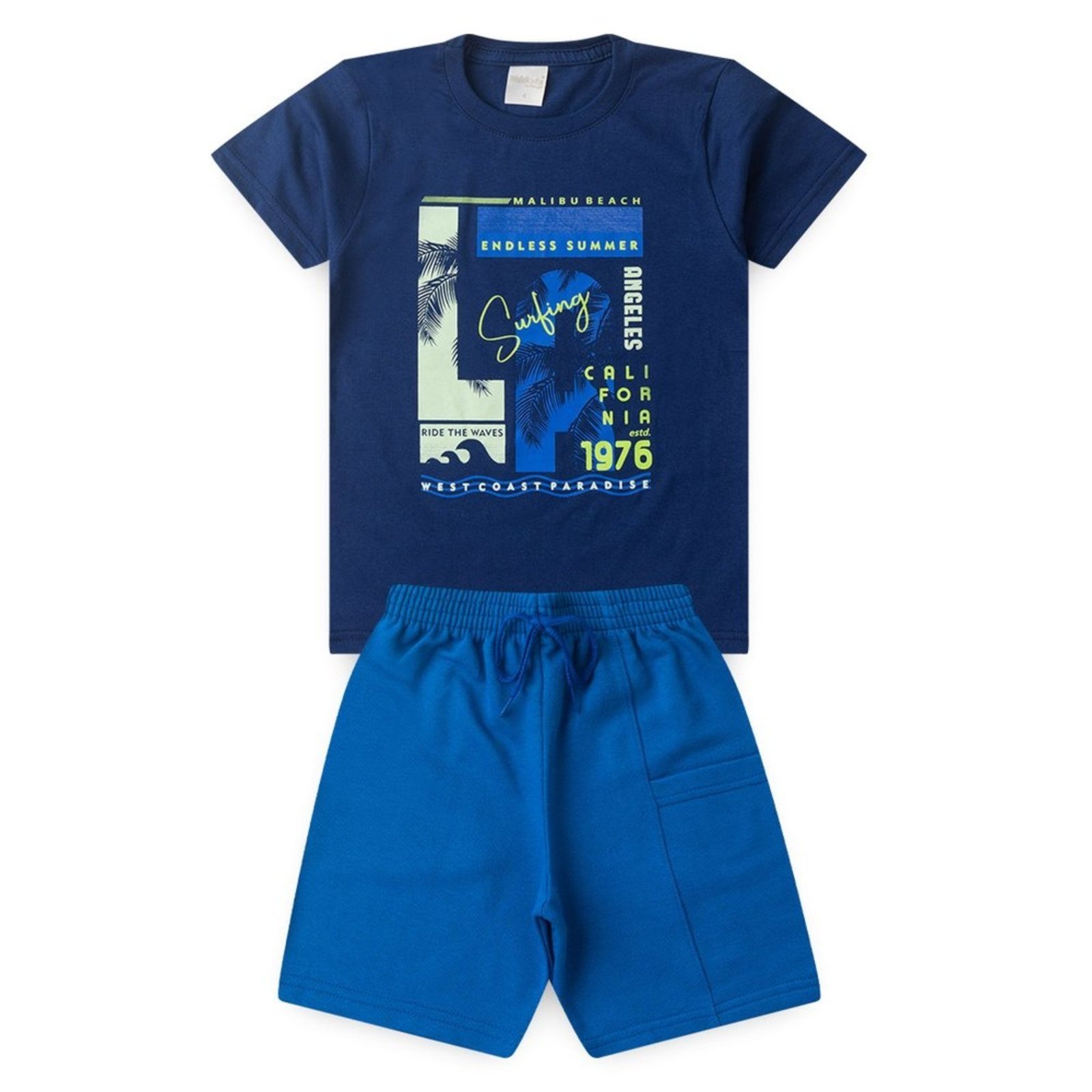 Vista 3 Infantil - Conjunto Verão Menino Marinho Camiseta e Bermuda Com Bolso Califórnia Vibes Molekada azul Molekada azul