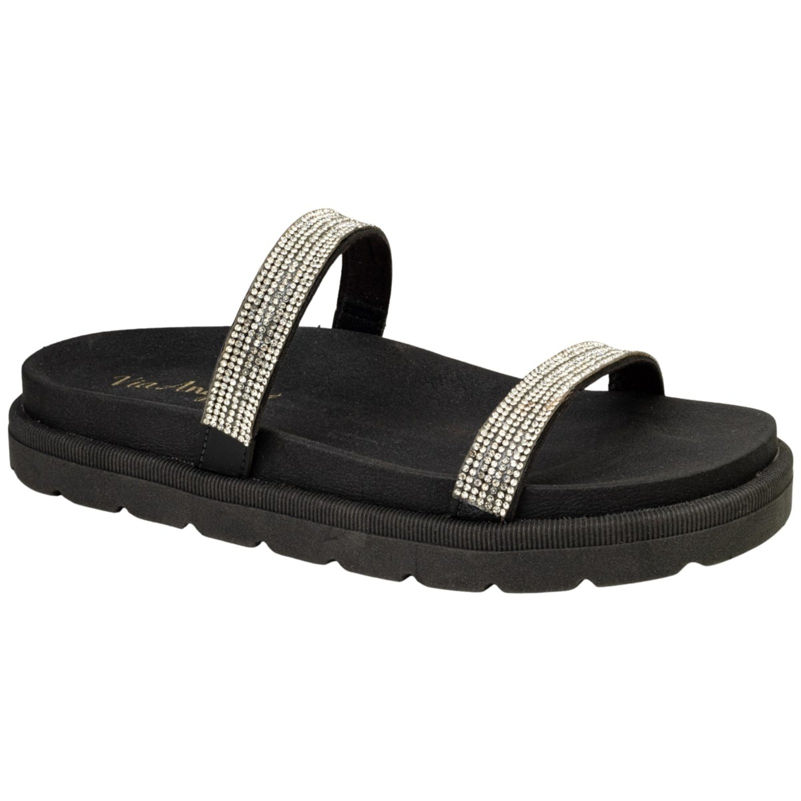 Tamanco Feminino Birk Plataforma Papete Anatomico Tira de Strass Via Angel 8302 Preto