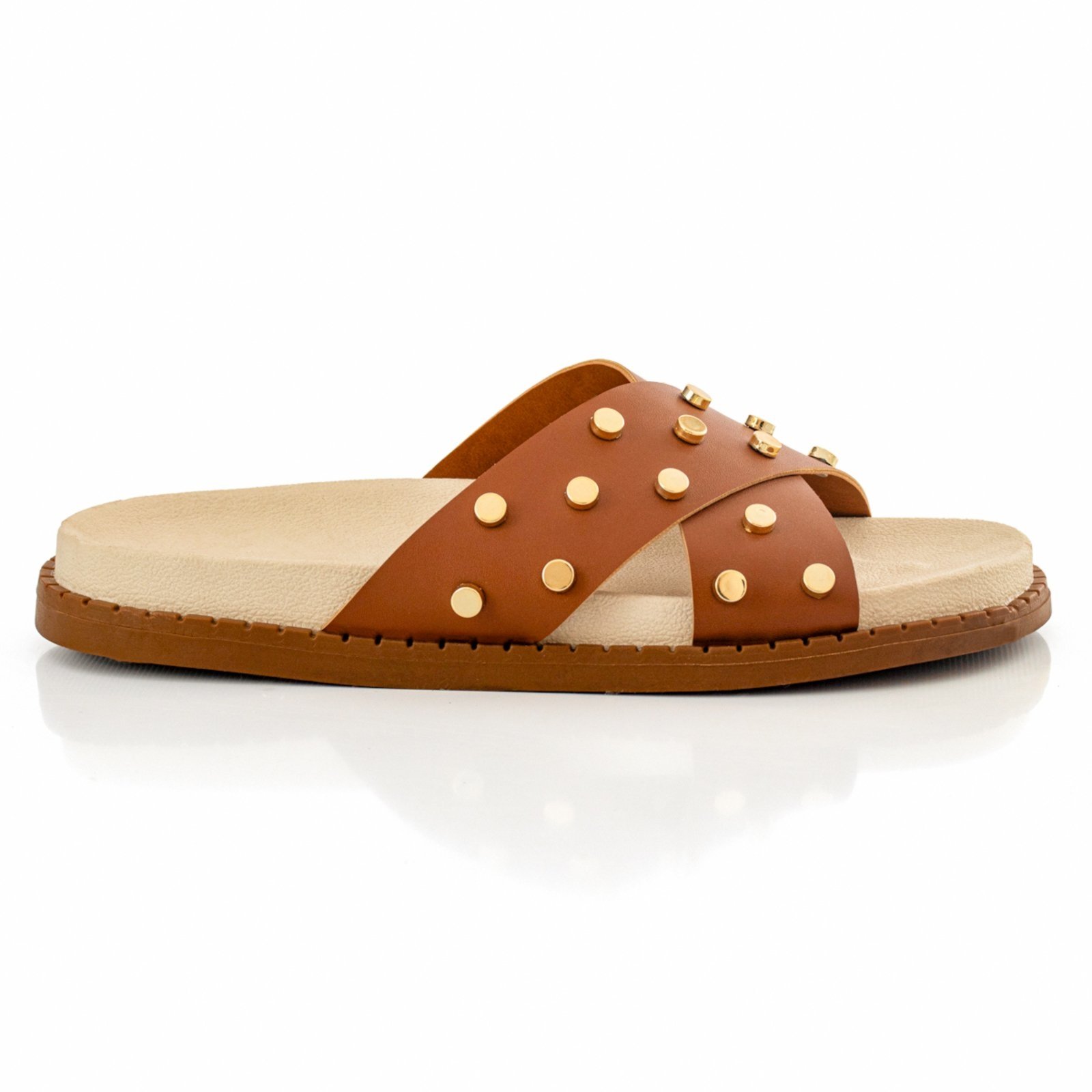 Sandália Papete Flatform Rasteirinha Brilho Metalizado Enfeite Metal Caramelo
