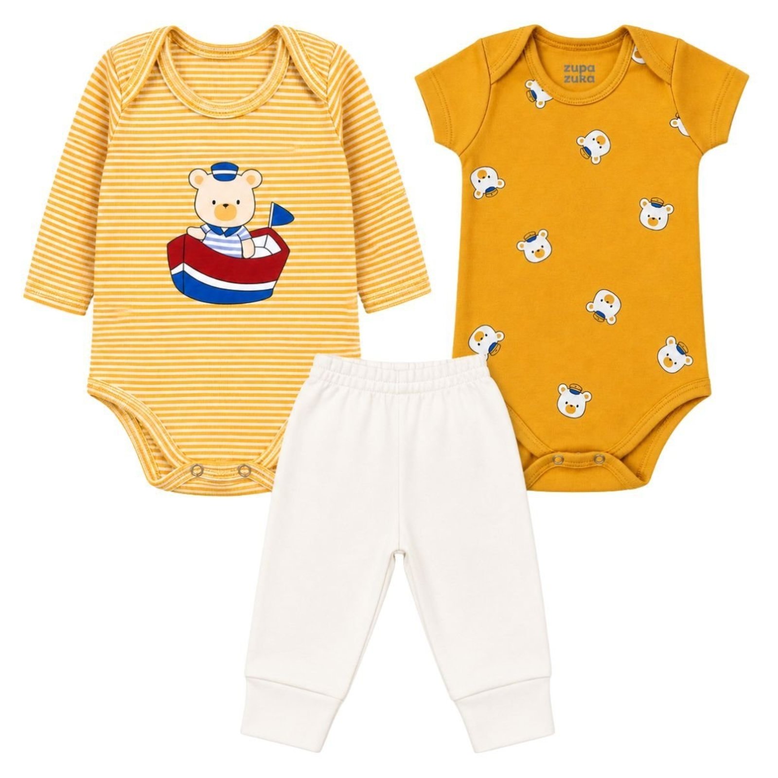 Infantil - Kit Menino 3 Peças Urso Marinheiro Body Manga Longa e Curta + Calça com Punho Macia Confortável