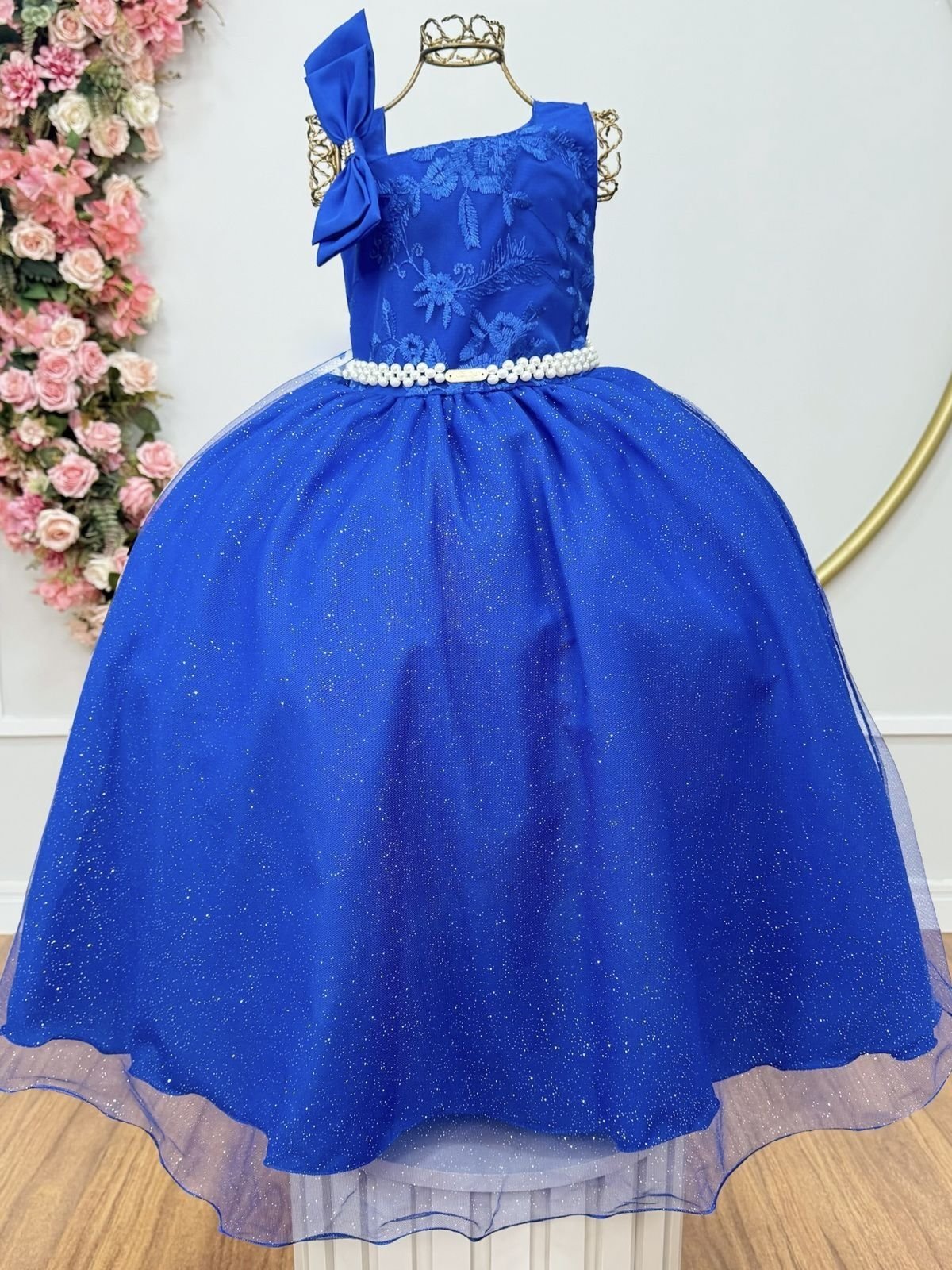 Infantil - Vestido Longo Social Azul Royal Cobalto Festa Formatura Casamento Pérolas Dama Daminha Menina Juvenil Princesa Rodado Florista Aniversário Luxo