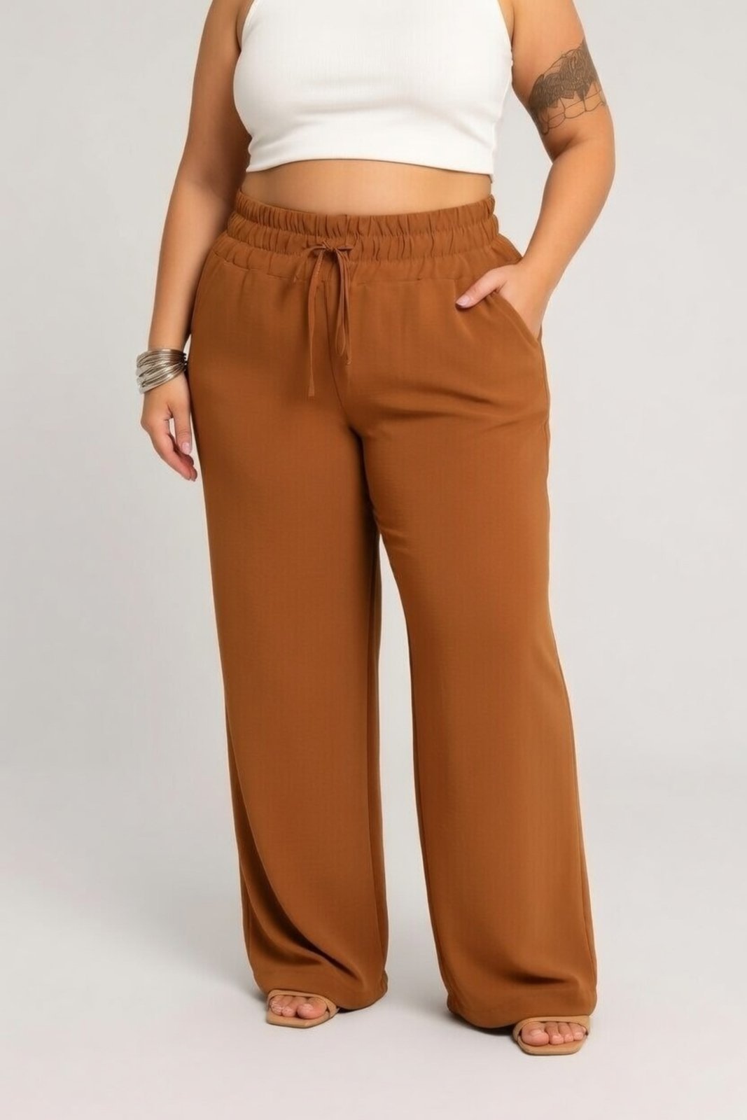 Calça Pantalona Plus Size D Bell Outlet Fashion Feminina Duna Com Bolso Cintura Alta Marrom