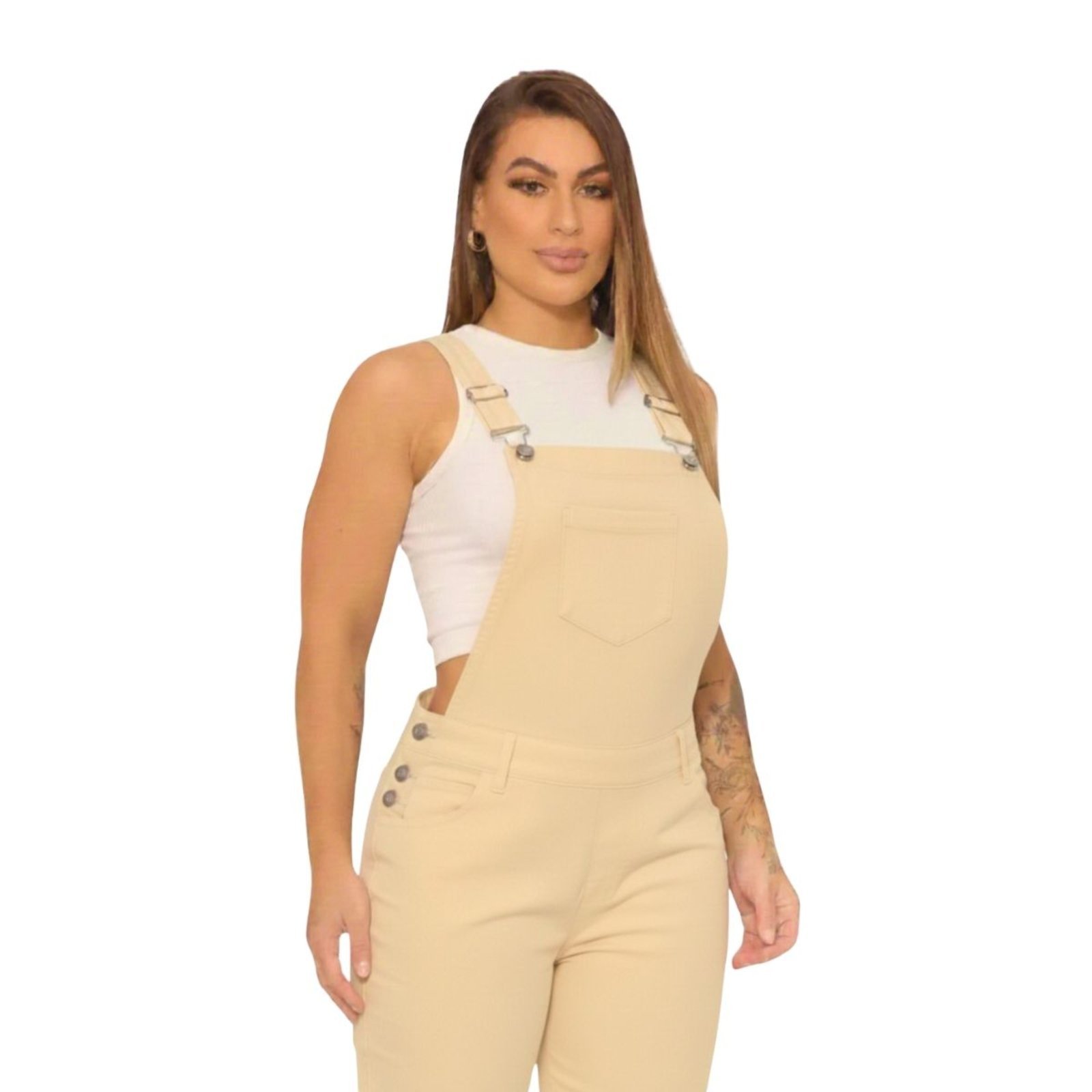 Vista 2 Macacão Creme Sarja Feminino Alleppo Jeans Malé cáqui Alleppo Jeans cáqui