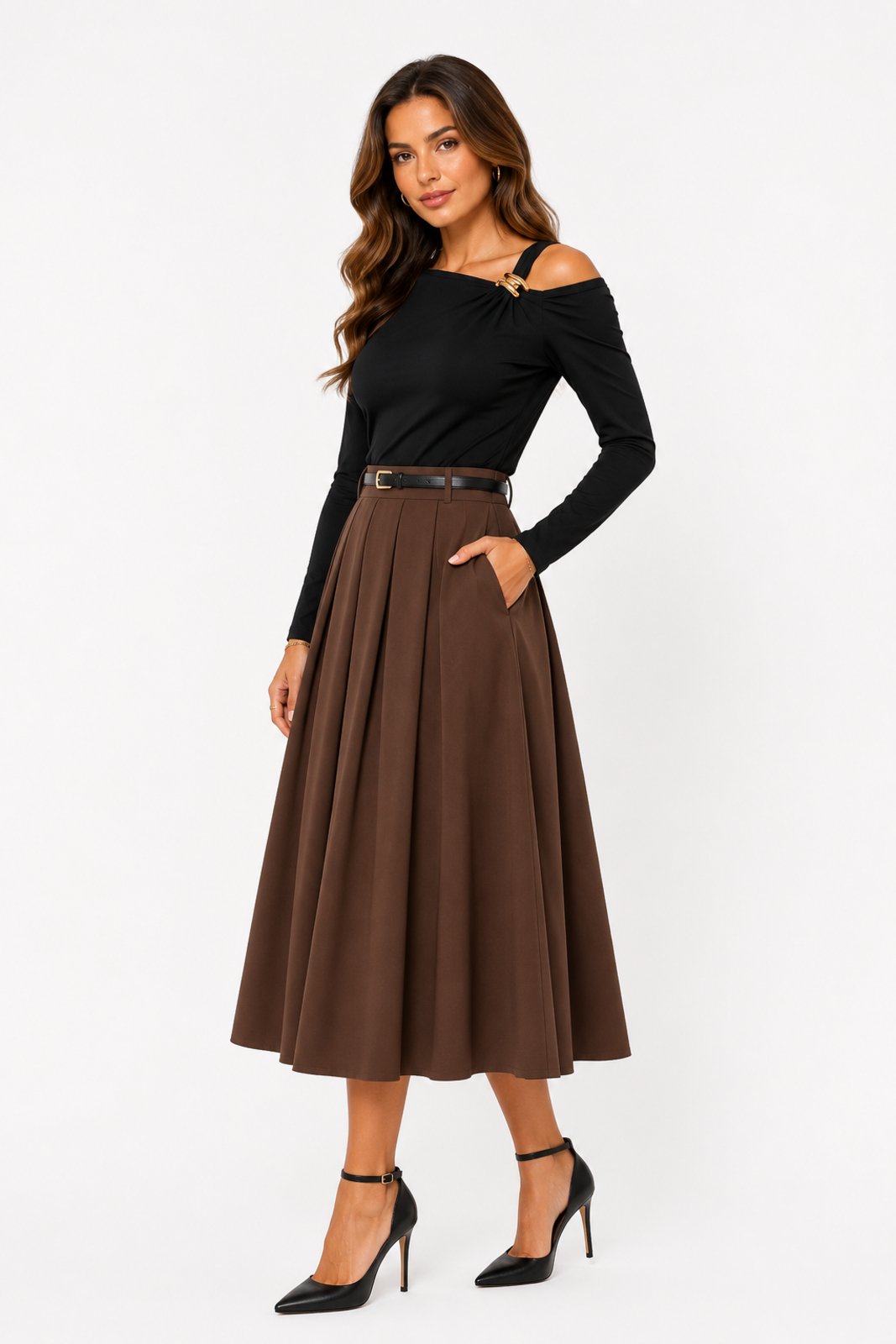 Saia Midi D Bell Outlet Fashion Evasê Com Pregas Marrom