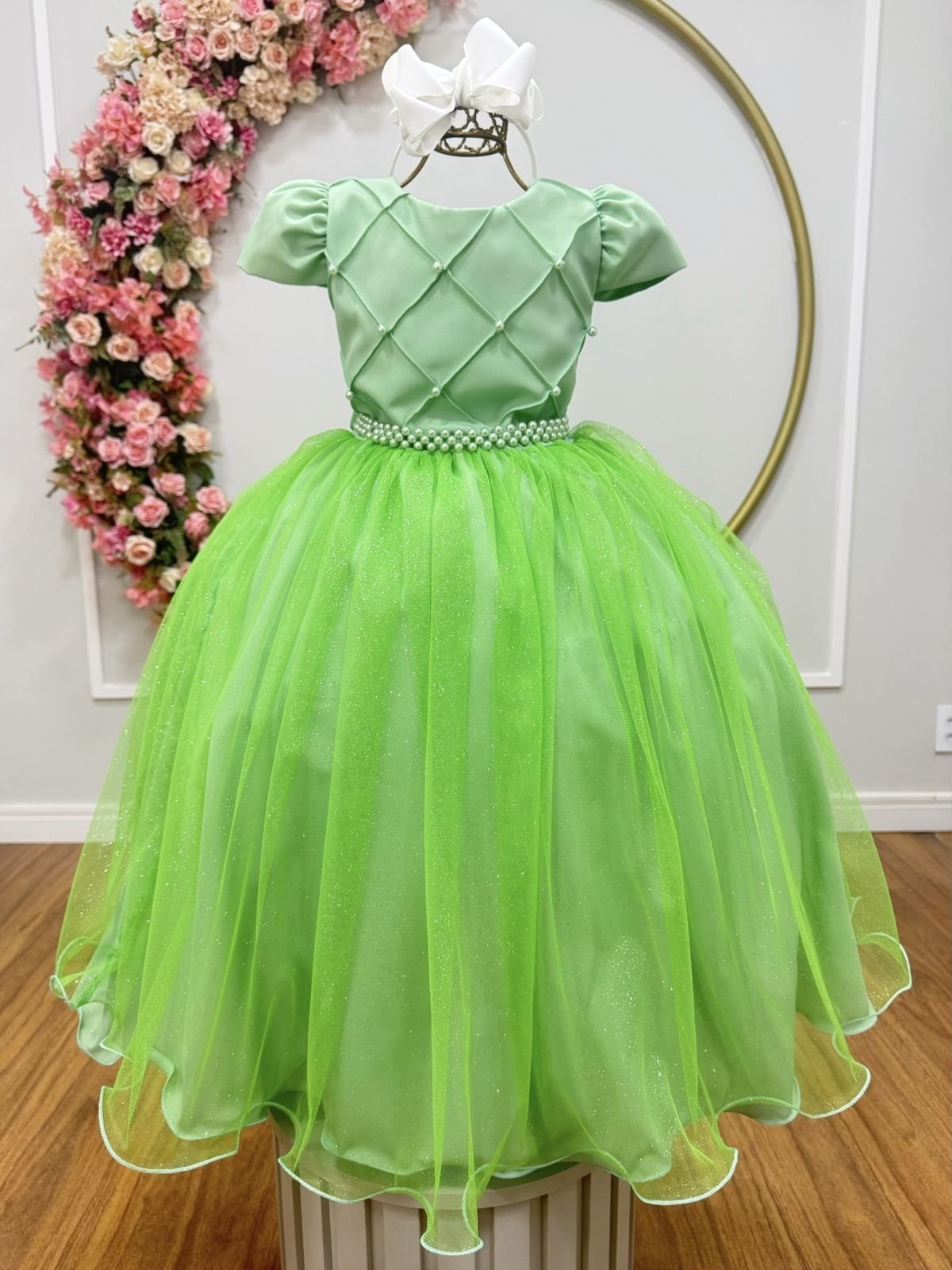 Infantil - Vestido Longo Festa Verde Pérolas Formatura Casamento Princesa Social Rodado Florista Dama Daminha Aniversário Luxo Menina Juvenil