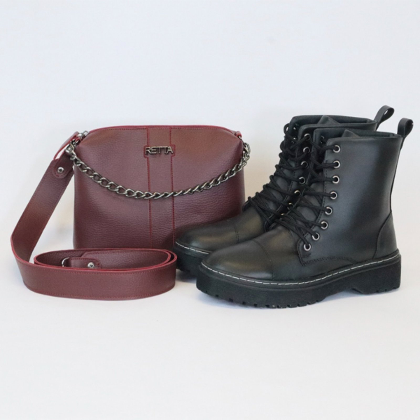 Kit Retta Bota Coturno e Bolsa Transversal Vinho