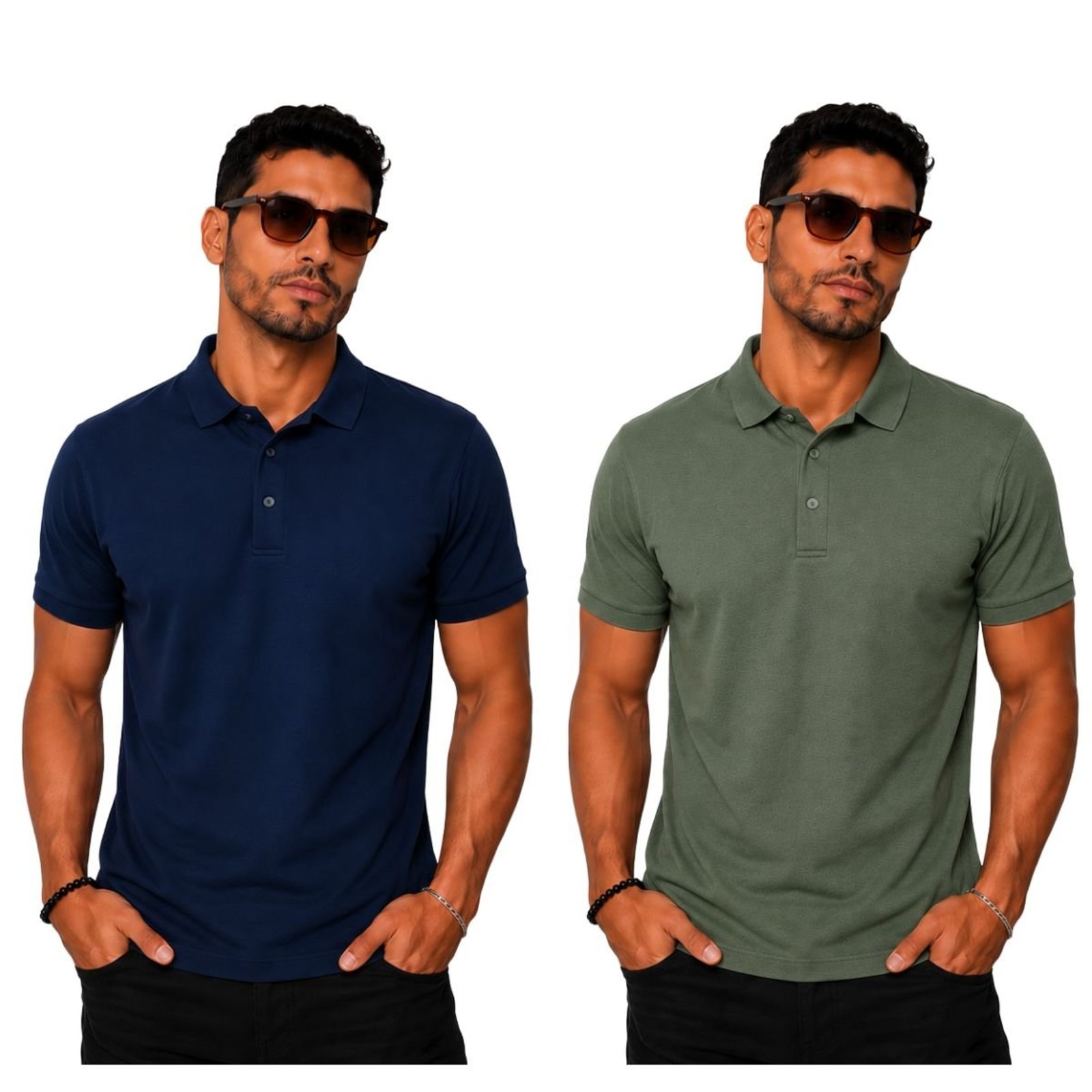 Kit 2 Camisas Polo Masculina Poliamida Premium Marinho e Verde Multicolorido