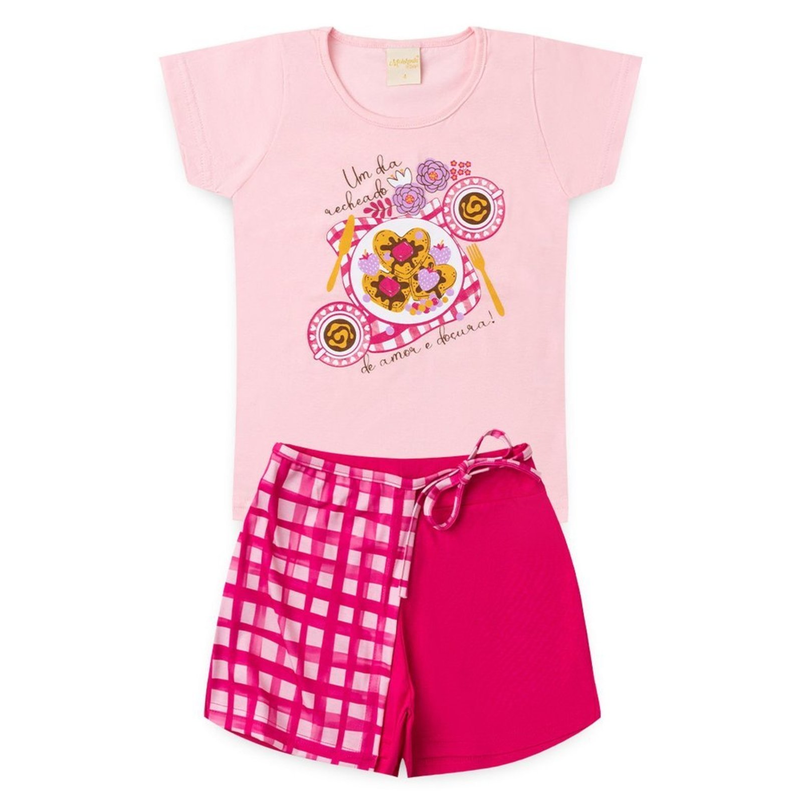 Infantil - Conjunto Verão Menina Rosa Blusa e Shorts Saia Piquenique Doce