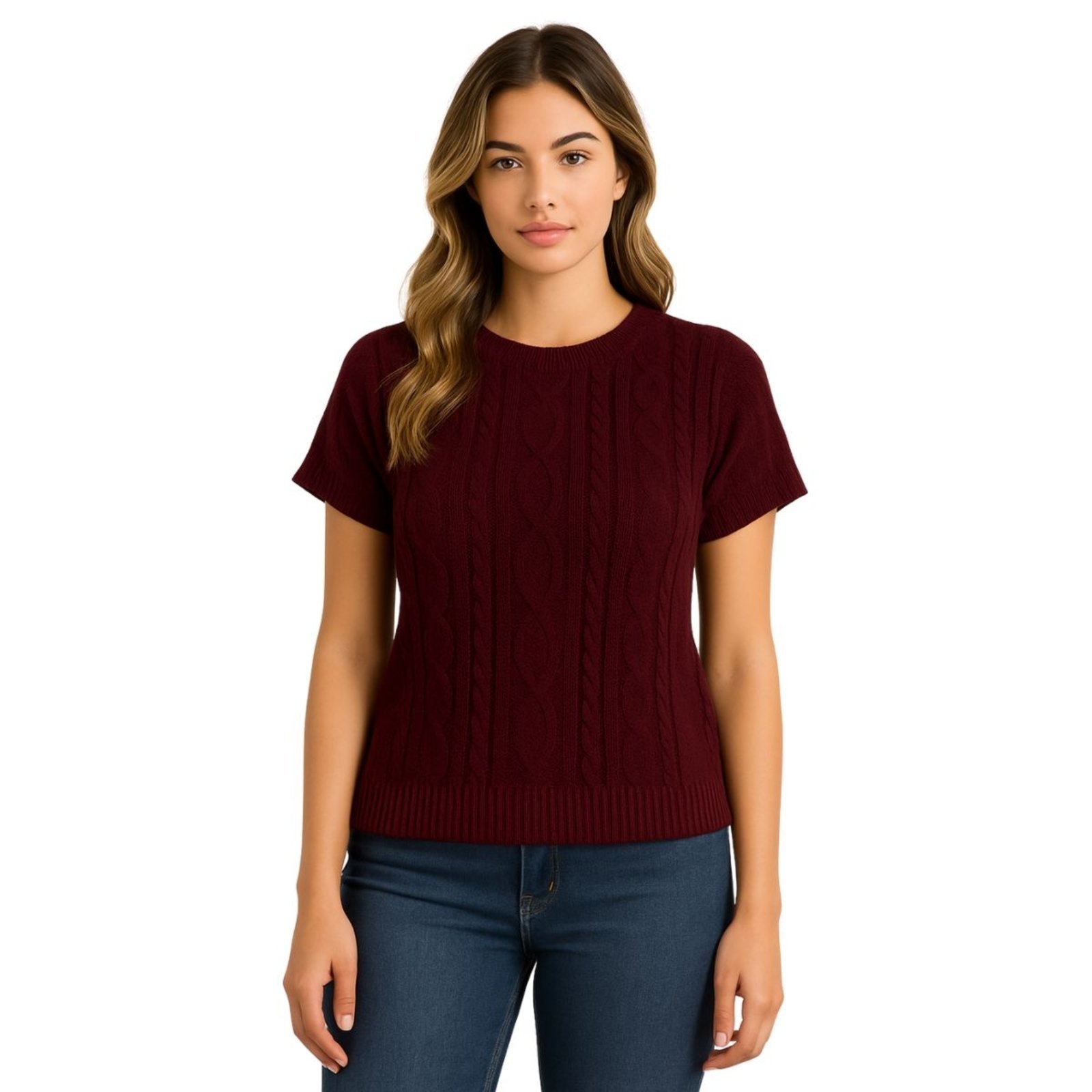 Blusa FMF Feminina Tricô Manga Curta Canelada Trama Trançada Bordo