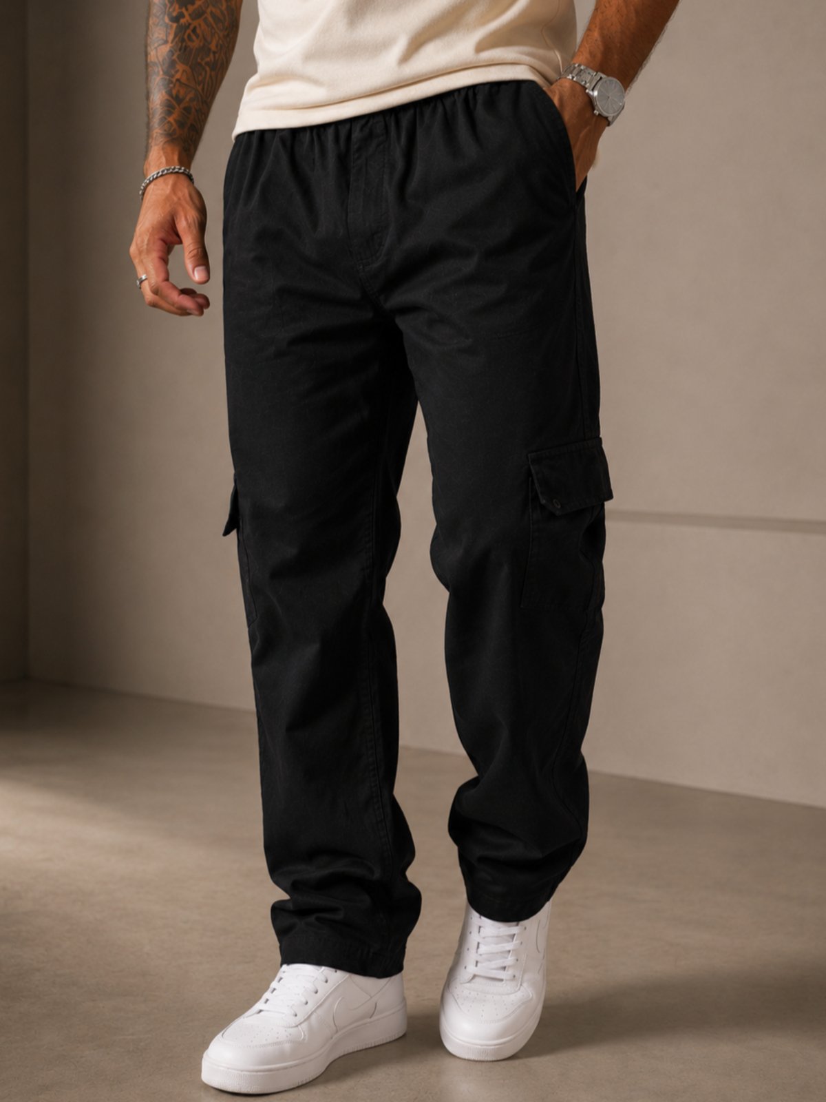 Calça Cargo Masculina Purple Jeans Preto Premium Wide Leg Confortável Estilo Urbano Sofisticado