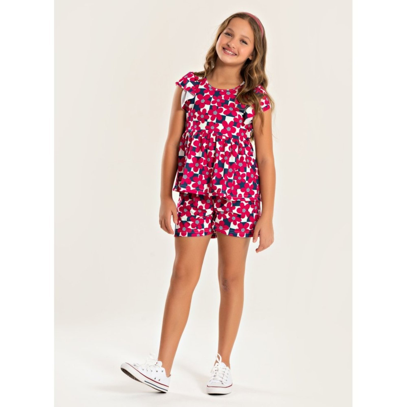 Infantil – Conjunto Molekada Verão Menina Marinho Cropped com Babado e Shorts Flores