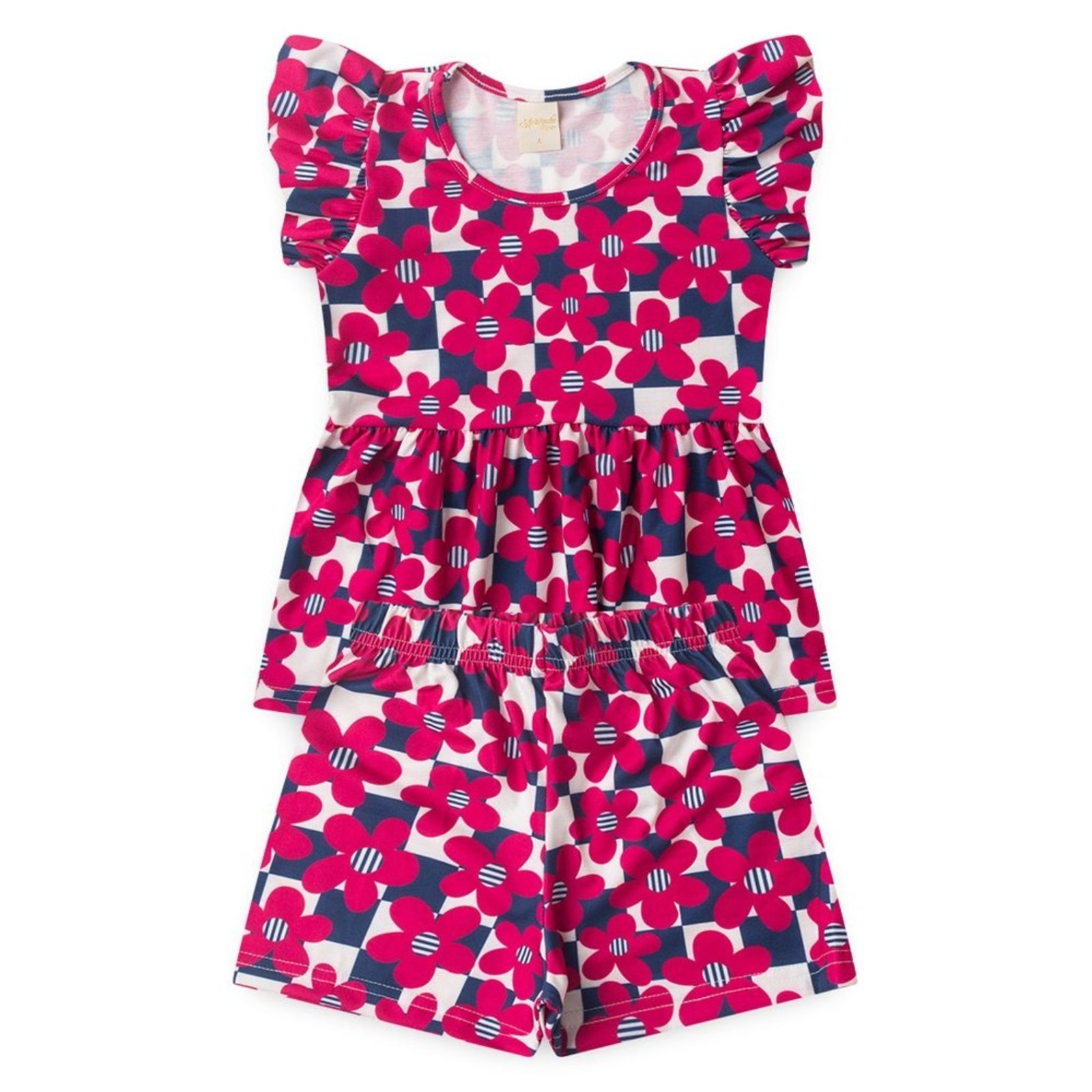 Vista 3 Infantil - Conjunto Molekada Verão Menina Marinho Cropped com Babado e Shorts Flores azul Molekada azul